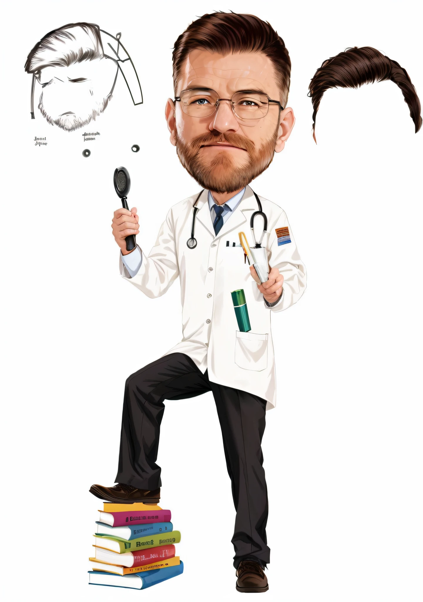 a cartoon of a man with a beard and a hairbrush, foxish guy in a lab coat, caricature illustration, doctor, medical doctor, caricature style, local conspirologist, caricature, caricature!!!, professional illustration, with a lab coat, surgeon, wearing a labcoat, (doctor), wearing lab coat, wearing lab coat and glasses, caricatural