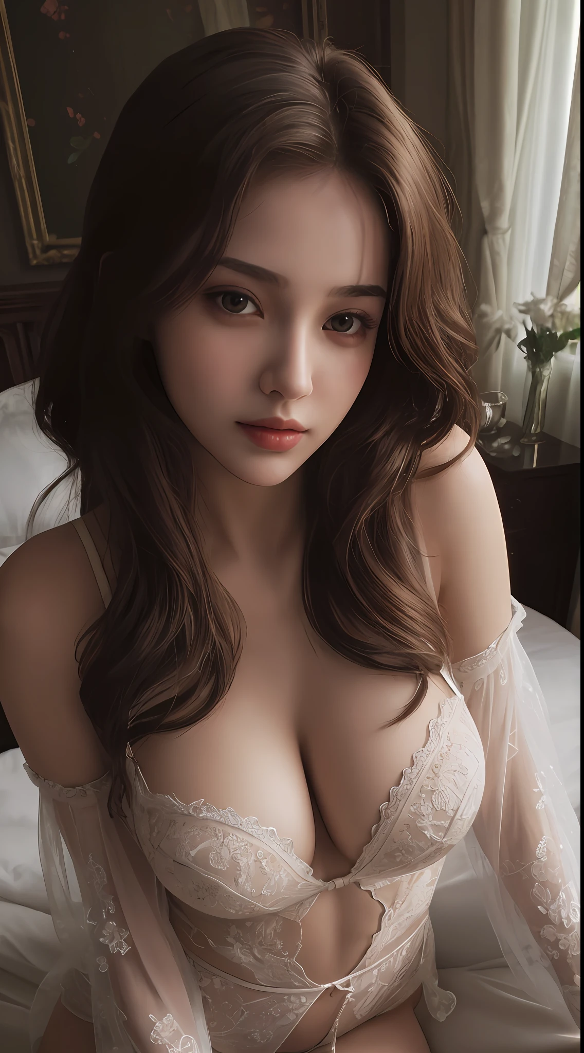 (masterpiece:1.3), (best quality:1.2), (intricate detailed:1.2), (immersive atmosphere, bright light:1.2, Cinematic Light:1.2), erotic beautiful young lady lying on the bed, luxury bedroom, A pretty woman with perfect figure: 1.4, 21 years old girl, 1 girl, brown wavy hair, slender body, large breasts, cleavage, seductive, white erotic thin underwear style, g-string, super cute, extreme close up upper full body, nice perfect face with soft skin perfect face, gorgeous long wavy brown-haired, 8K resolution, ultra-realistic, ultra-detailed, high quality,