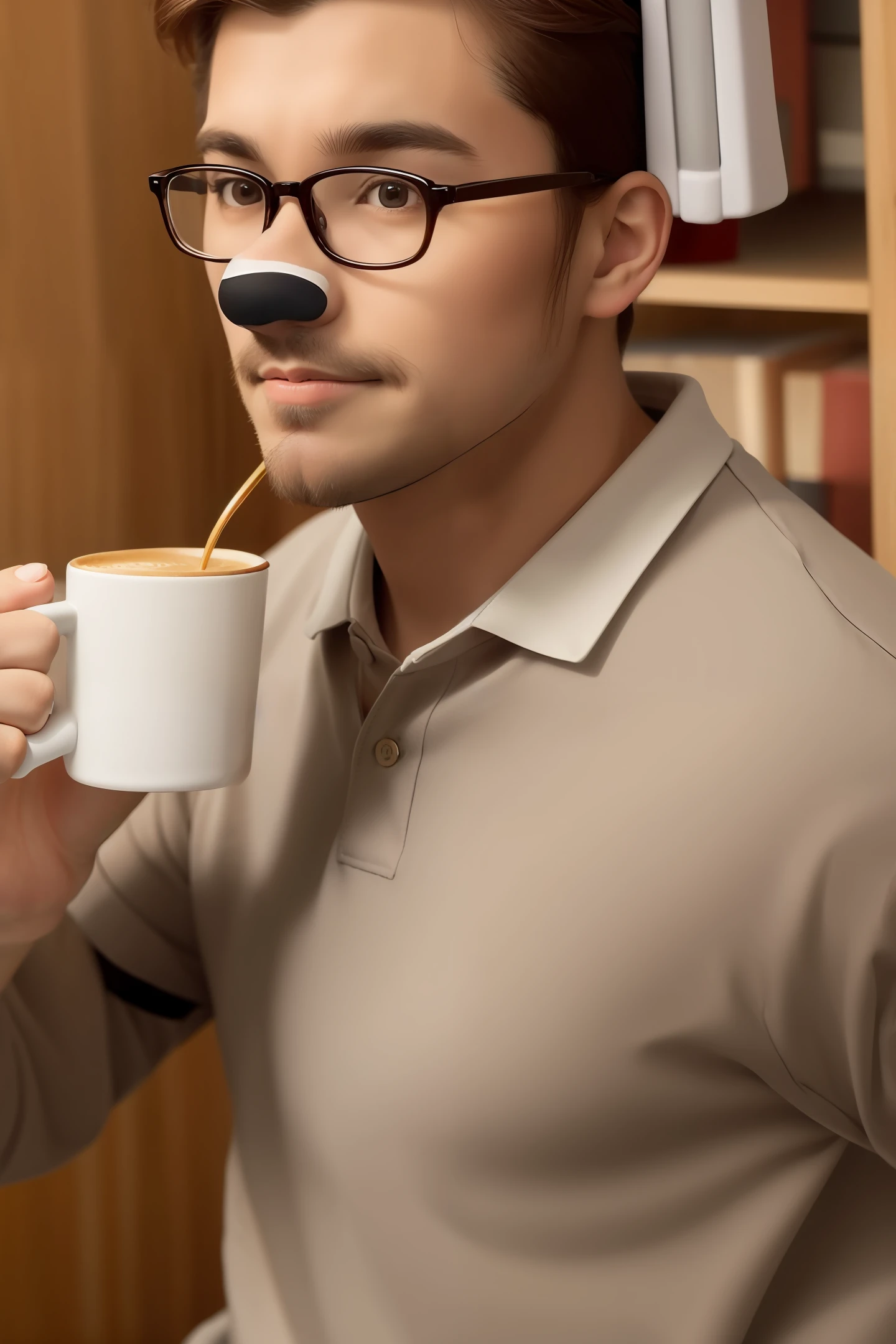 Ted-style bear, writing and having coffee, wearing a polo shirt and glasses