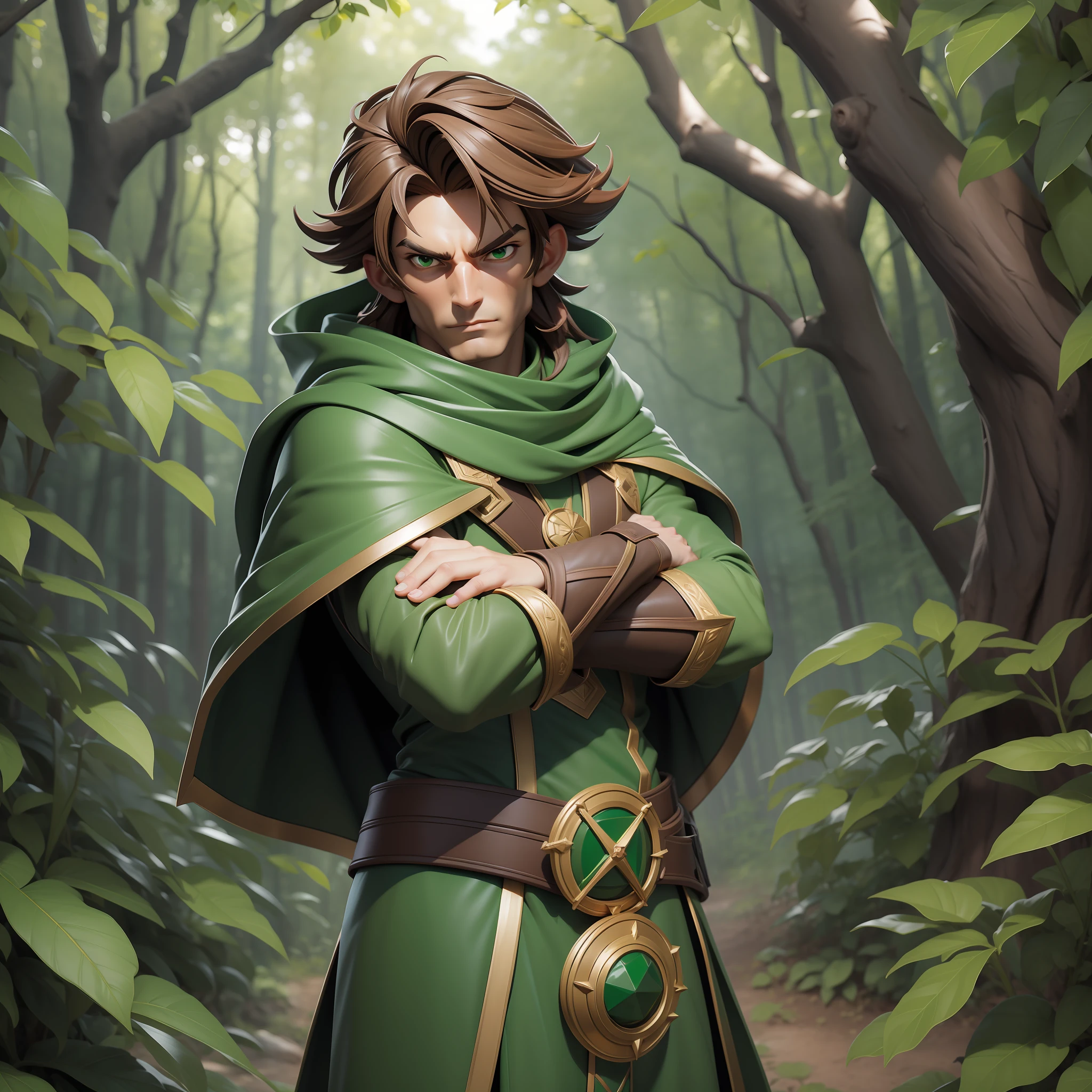 Style 3DMM, 3D, R3DG, (masterpiece), masterpiece, best quality, serious male alchemist in the forest with arms crossed wearing brown hair brown hair green eyes and green cape