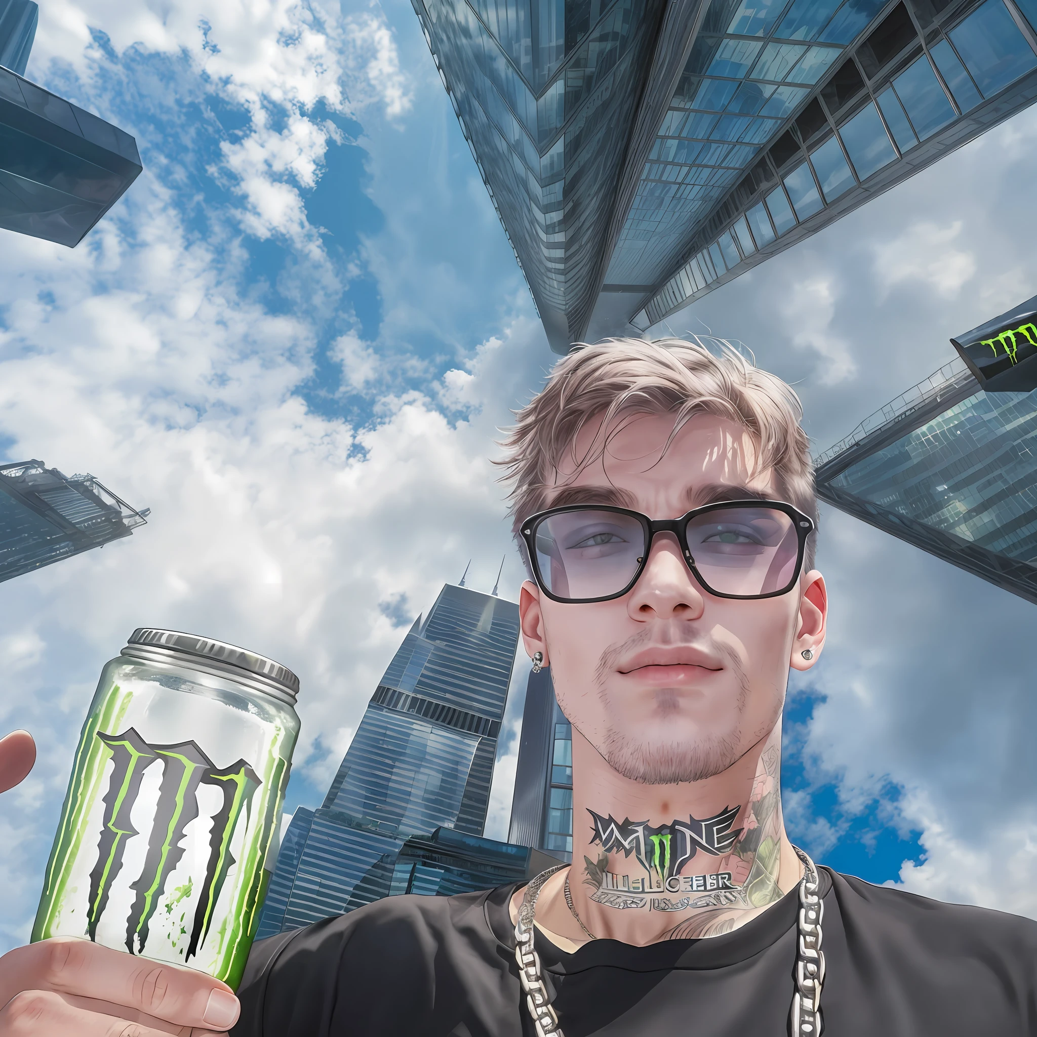 A man holds a jar of monster energy in front of the city, skyscrapers in the background, a real hellish landscape in the background, Jung Lin, lil peep, raper.