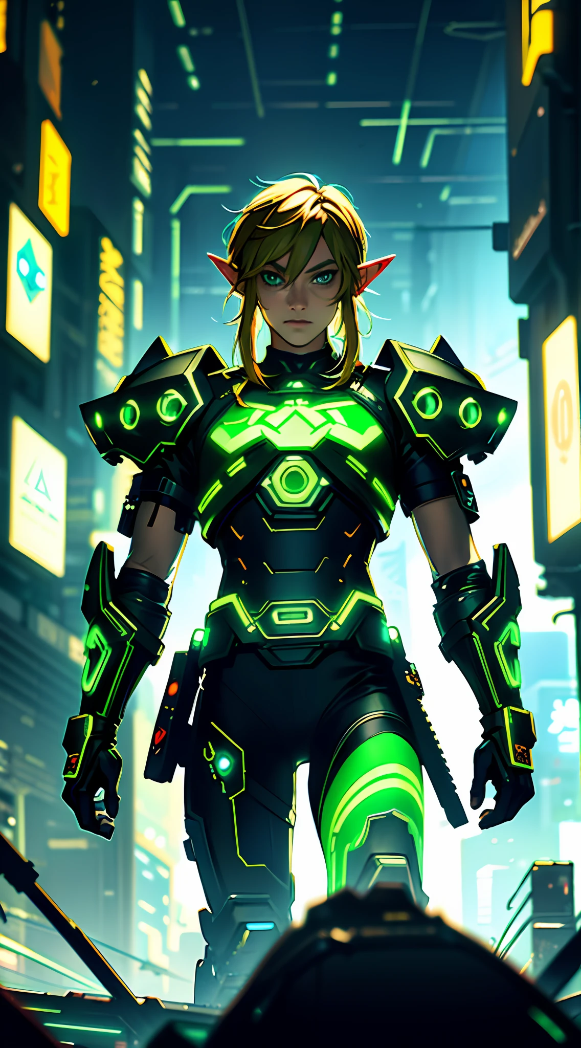 ultra detail, high resolution, ultra detailed, best quality, amazing, top quality, extremely detailed CG 8k wallpaper unit, cinematic lighting, Zelda cyberpunk link, cyberpunk, dark boy, green clothing, green armor, neon berde, blond hair, elf