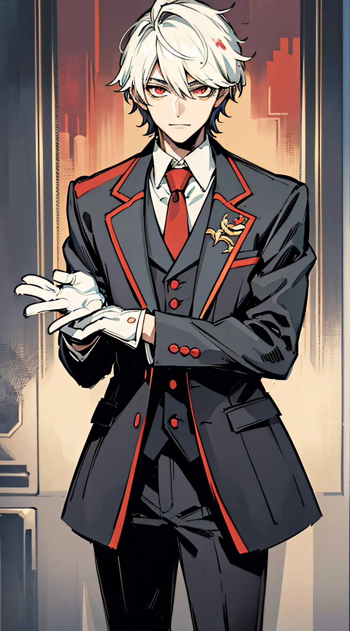 (extremely detailed wallpaper of CG 8k unit), (masterpiece), (best quality), (ultra detailed), (best illustration), (best shadow) (best quality), 1boy 40yo old man, full body, standing, blood splatters, blood, formal, looking down, looking at the viewer, white hair, (detailed eyes), red eyes, butler, wearing a black noble suit, white gloves, bow, strong body, black humor