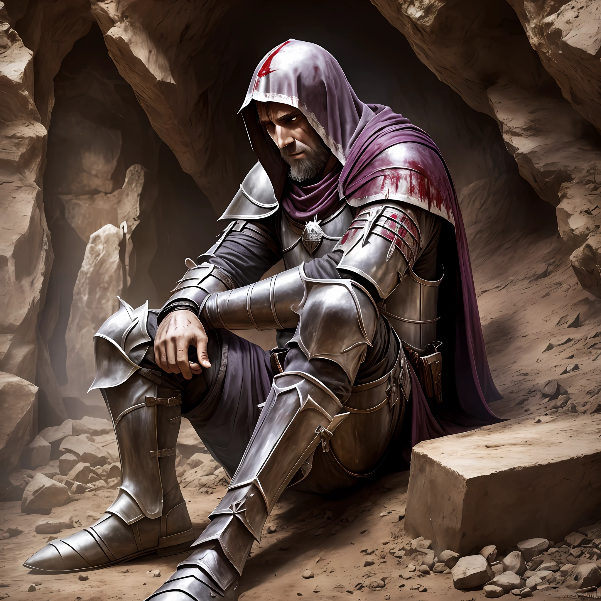 Knight Templar, bruised, wounded, bleeding, sitting, alone, in a cave, ultra realistic, detailed, Best Quality, Full HD,