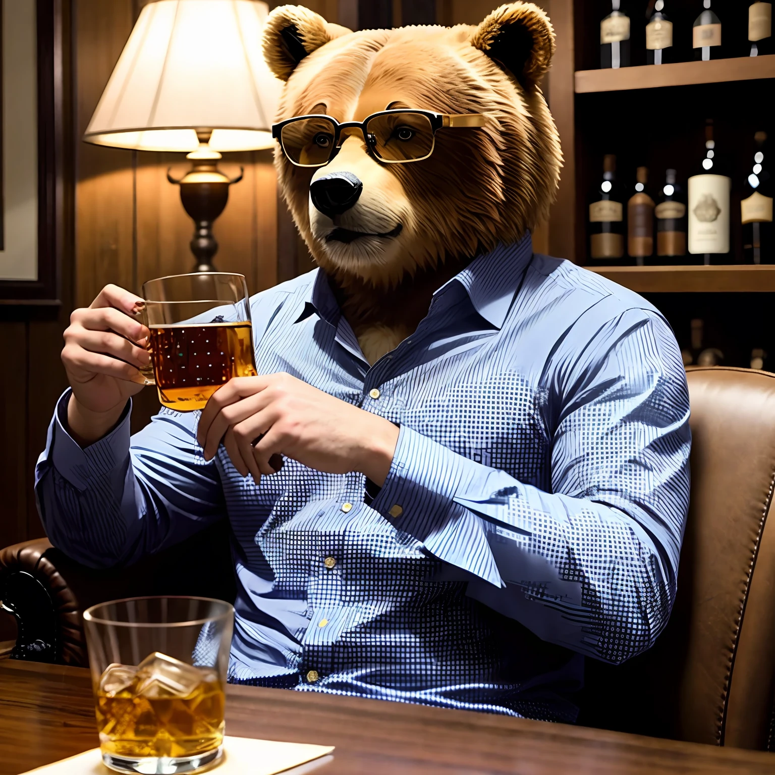 create an image of the bear from the movie Ted writing in a notebook and wearing a dress shirt and glasses while drinking whiskey