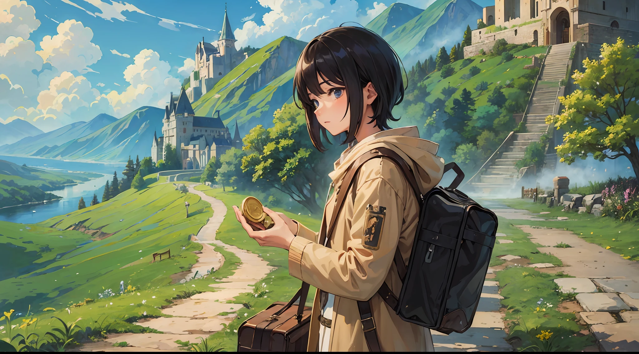 (masterpiece), (best quality), (anime), (rustic), (old), 1young traveler holding 1coin on a road near a beautiful castle (coin) --auto --s2