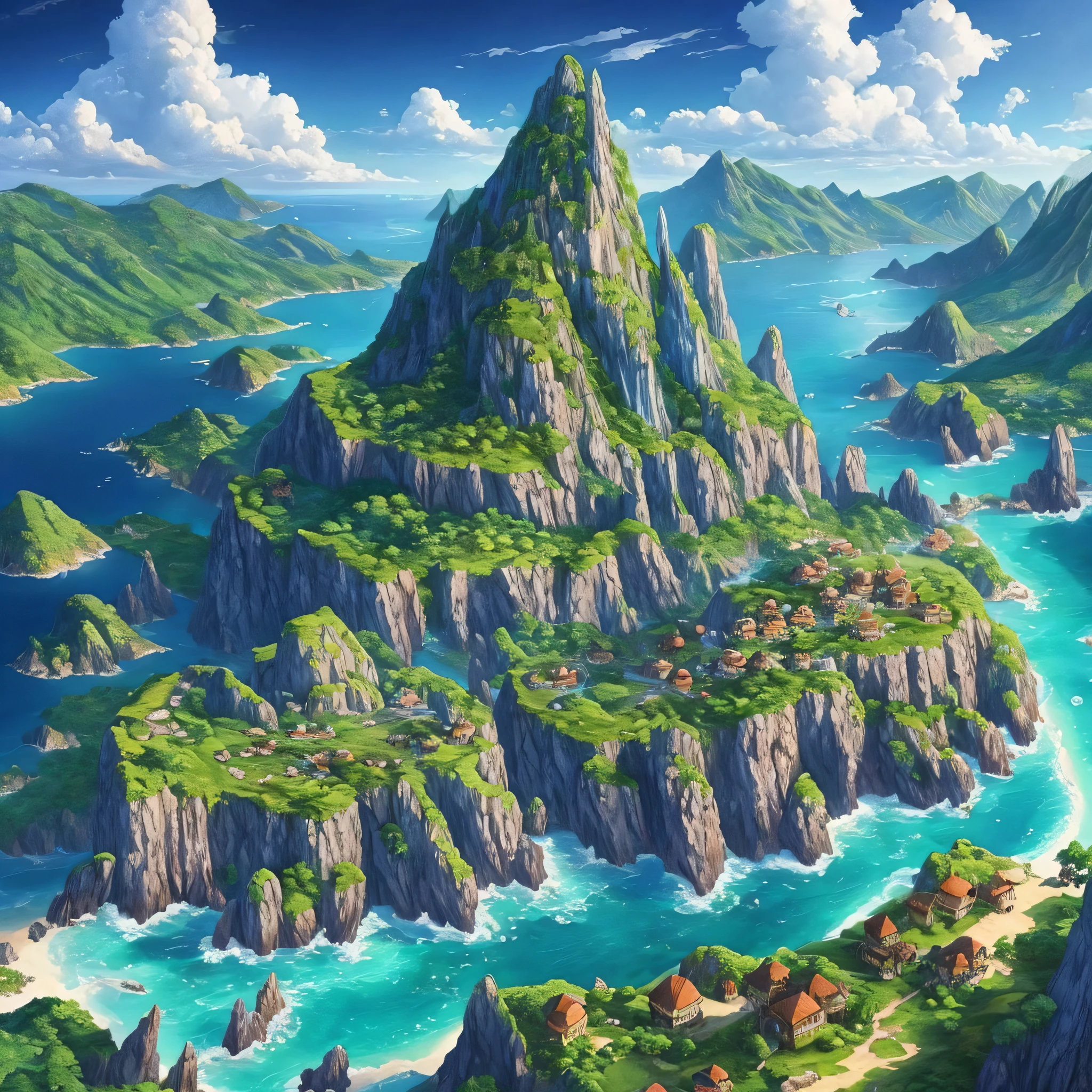 Absurd, masterpiece, high quality, highly detailed, Islands, sea, islands with small mountains, dark forest, aerial view ,scenery, RPG style, manga style --auto --s2