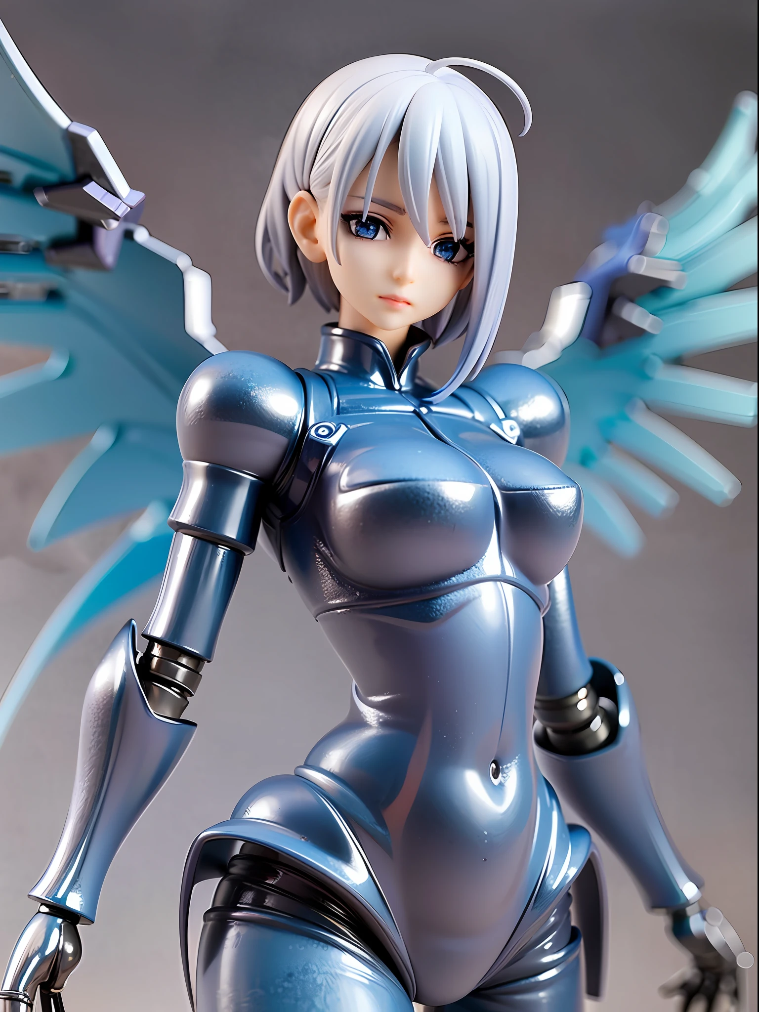 1girl, blue theme, angelic, part machine, blue eyes, silver hair, short hair, body suit with exposed mechanical parts, wings, glowing mechanical components, in flight, heavenly background, full body, looking towards viewer, [realistic], [3d],(8k, RAW photo, best quality, masterpiece:1.2), ultra high res, photo realistic, professional lighting, detailed lighting, professional photography, high quality, high res, extremely detailed, bloom, depth of field, sketch, sharp focus, soft lighting, detailed, detailed skin, to8contrast style
