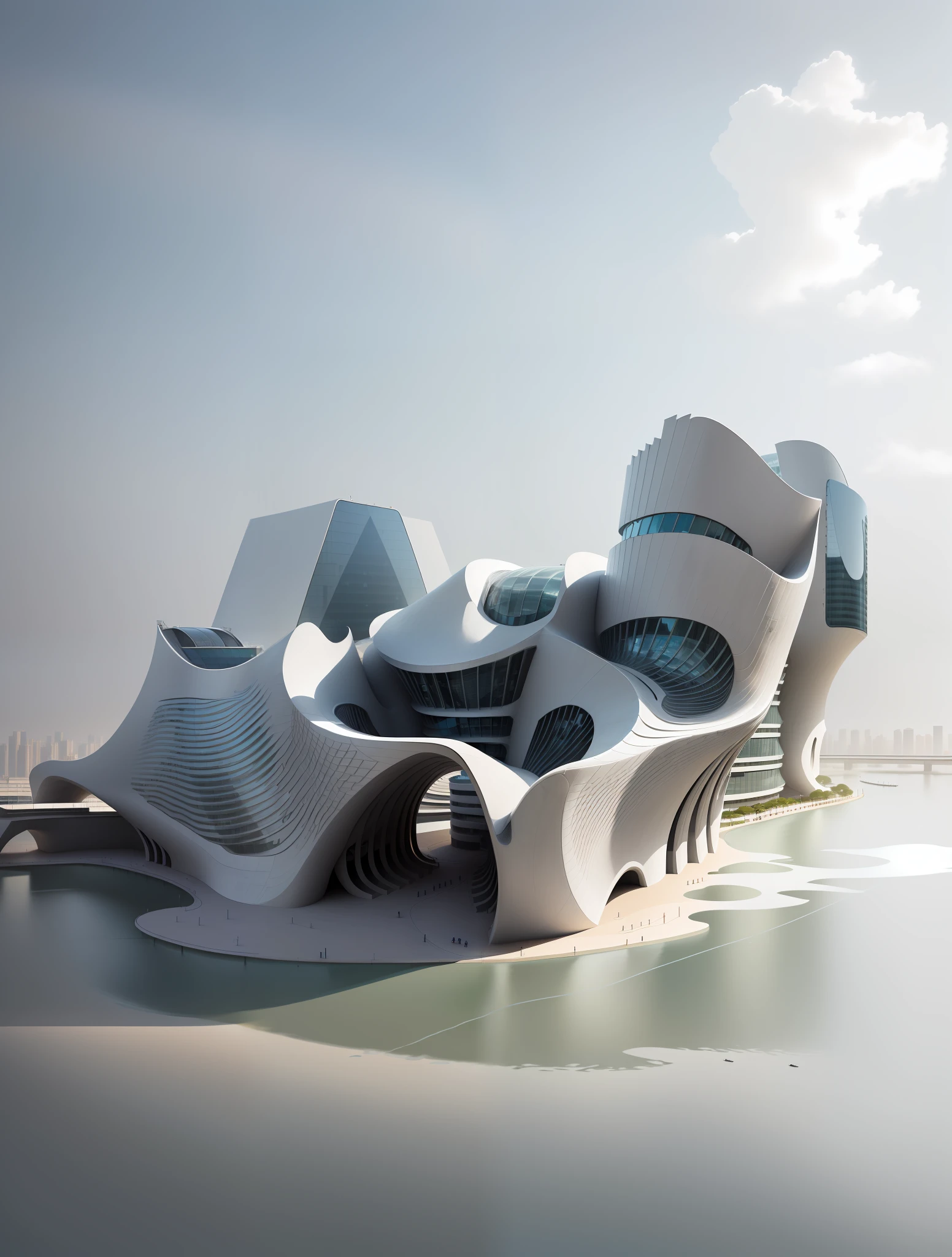 An elevated view of a gray glass and concrete building, designed by Zaha Hadid, Parametric architecture, in the morning, in Tokyo