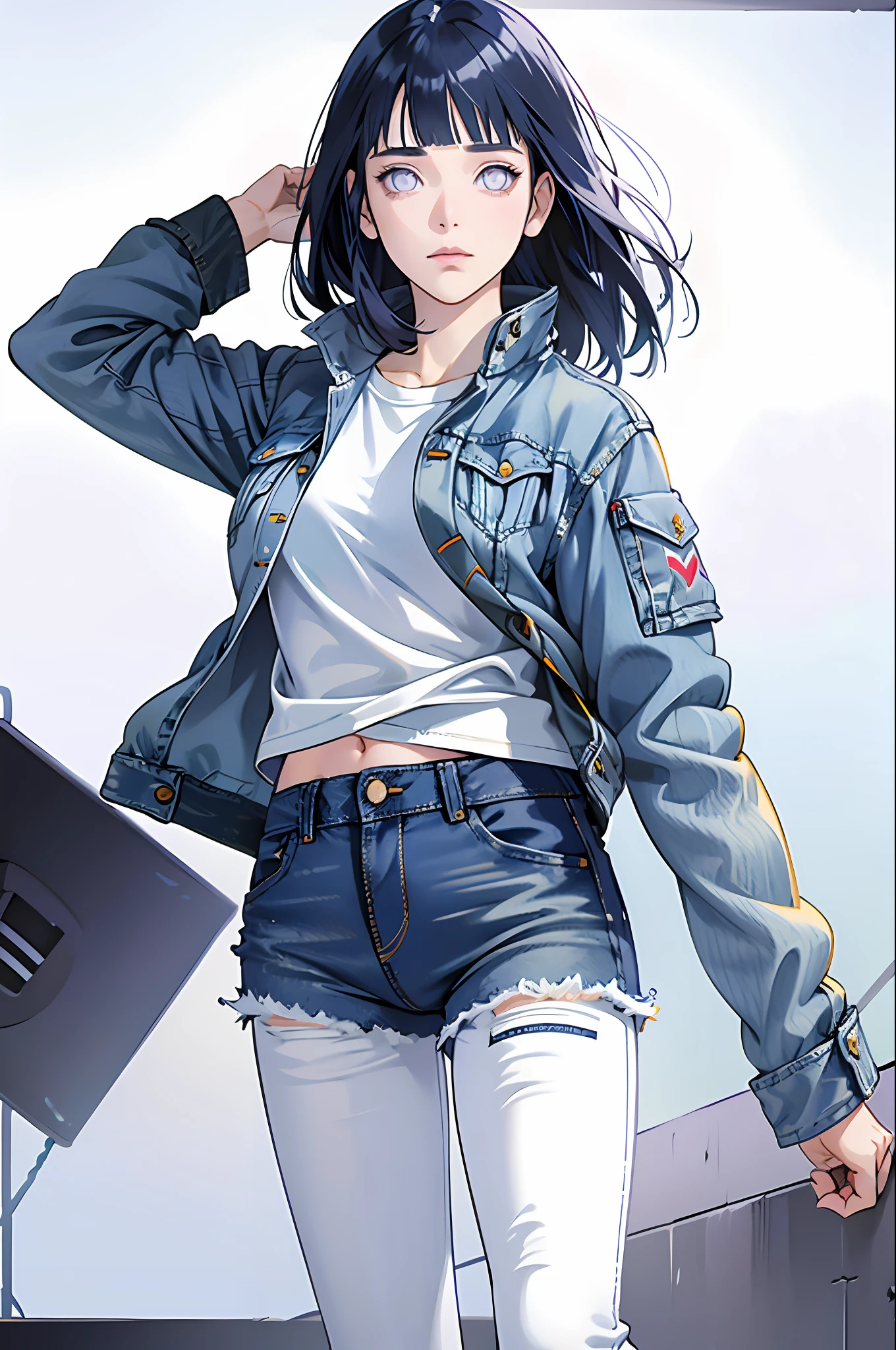 masterpiece, best quality, ((pure white background)), standing, (dark blue hair) ,cold face, full body, (((open Denim jacket))), white T-shirt, casual pants, (((Fashionable clothing))), happy, soft, super clear, high-definition picture, (front), purple eyes, blunt bangs, hinata/(boruto/), long hair,  medium breast