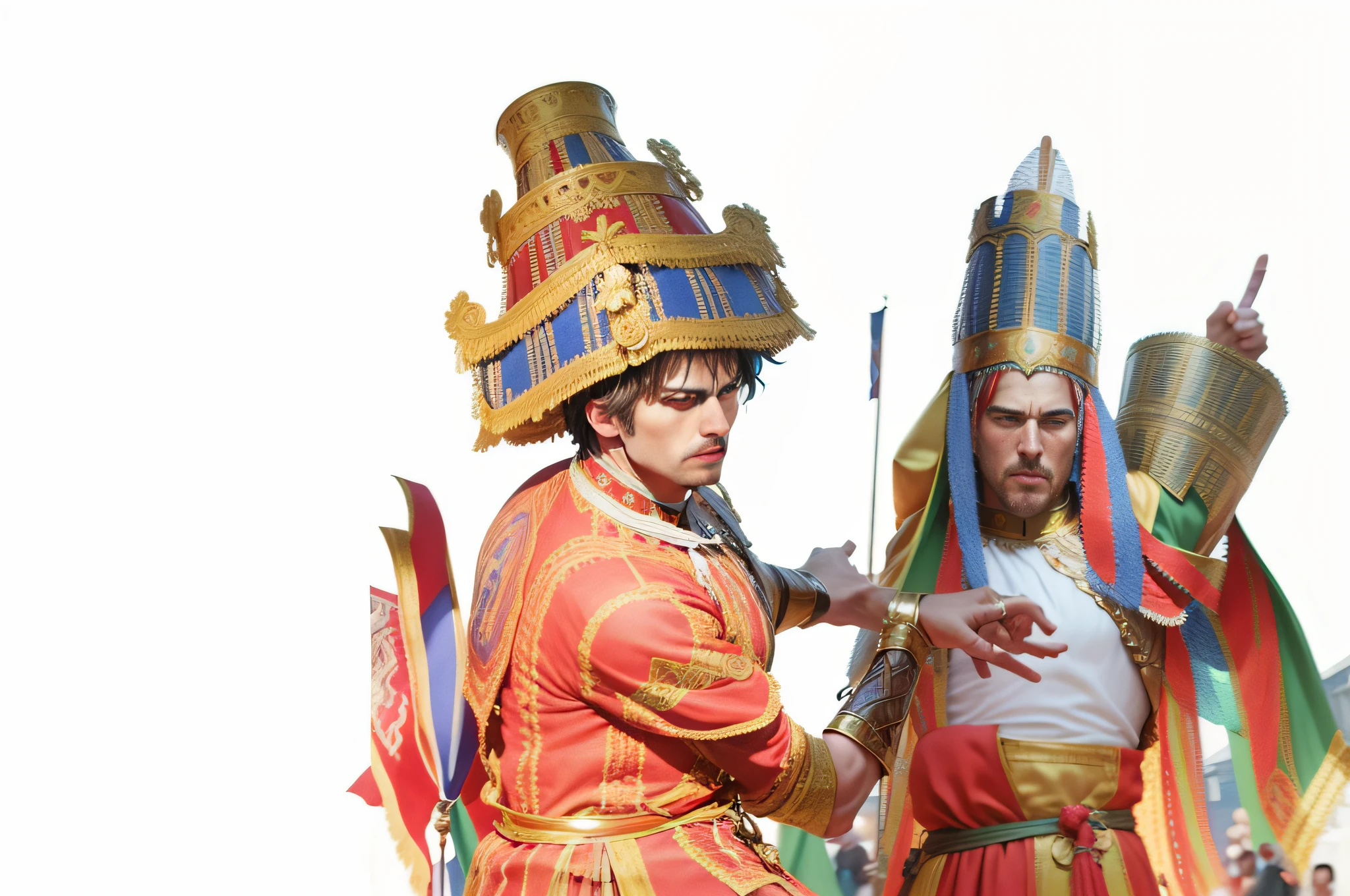 Realistic men dancing folk dance, dressed as a Roman centurion with a mock-up of a cathedral church and colorful props with ribbons of 8k colored fabrics. --auto --s2
