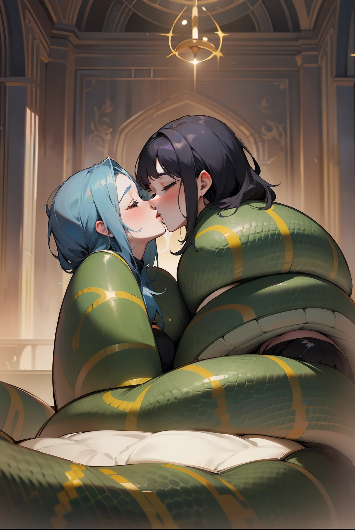 Two women, bound by a python, kiss each other