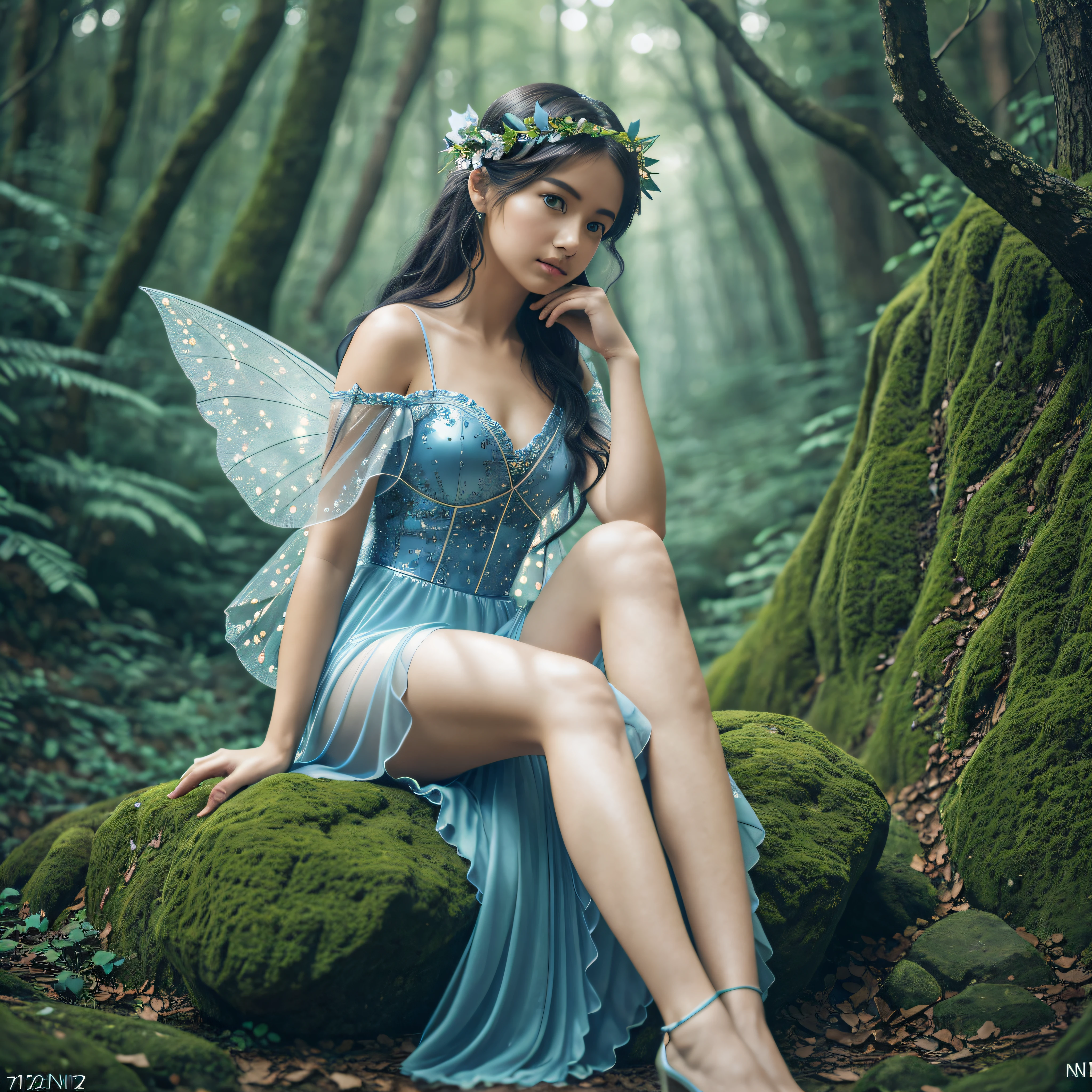 a blue forest with a fairy sitting on a rock, chiaroscuro, hyperrealism, luminism, hd, very detailed, 4k, 8k, shot on a Nikon Z7 II and Nikon NIKKOR Z 105mm f/2.8 VR S, best quality, (detailed face, detailed eyes, detailed pupils, detailed clothes and features, clear background) --auto --s2