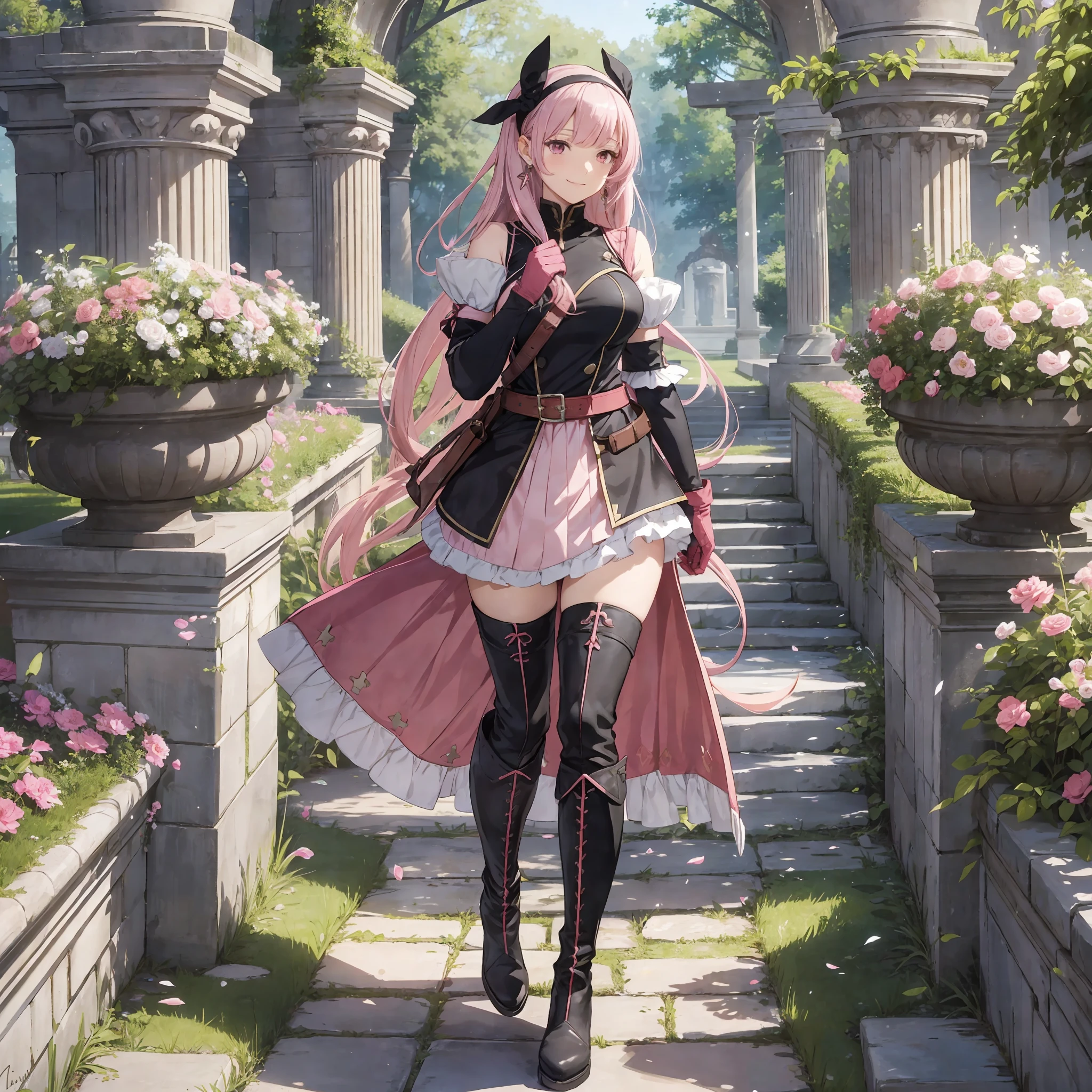 Hilda Valentin Gonaril, Fire Emblem 1 girl, bangs, black dress, black footwear, blunt bangs, boots, breasts, shut up, dress, earrings, elbow gloves, full body, gloves, jewelry, long hair, medium breasts, pink hair, red eyes, red gloves, short skirt, signature, simple background, smile, solo, standing, thigh boots, thighs and thighs, double tail, headband, white background, zetai longwood, garden, castle grounds, grass, flowers, stone walls, ruins, pink dress, Pink eyes, pink sleeves, red belt, solo, (two-tone dress), ((masterpiece)) --auto --s2