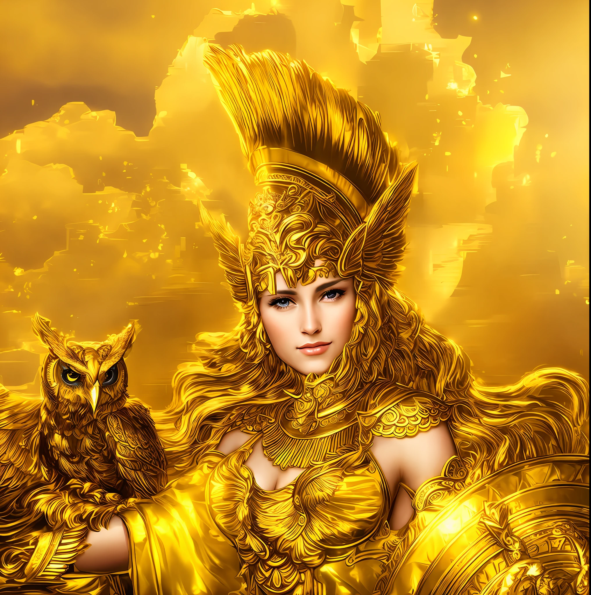 there is a woman in a gold costume holding a owl, golden goddess athena, athena goddess of wisdom, greek goddess athena, the god athena, goddess. extremely high detail, venus godness athena, goddess of love and peace, goddess portrait, mystical atlantean valkyrie, a stunning portrait of a goddess, portrait of a beautiful goddess, celestial goddess