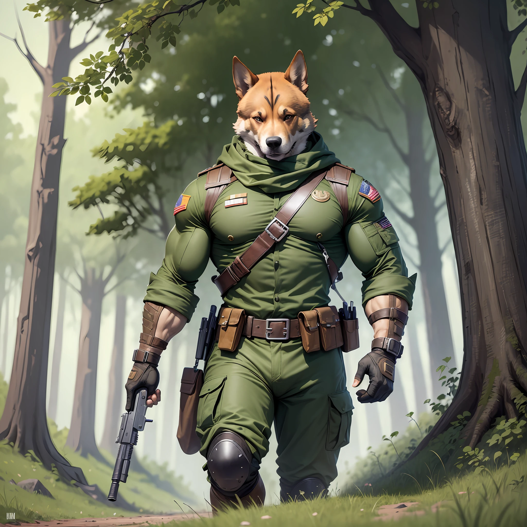 ((best quality)),((ultratailed)), ((masterpiece)), illustration, Scene structure: animal dog personified as a leader, soldier, with dog face and human body. He has a muscular build, wears a military uniform without insignia, a pistol at the waist and holds a rifle. A forest behind him with vibrant green colors. Immediate composition: dog-soldier, animal personification, muscle building, urban landscape, military uniform, weapons, no insignia on the uniform.