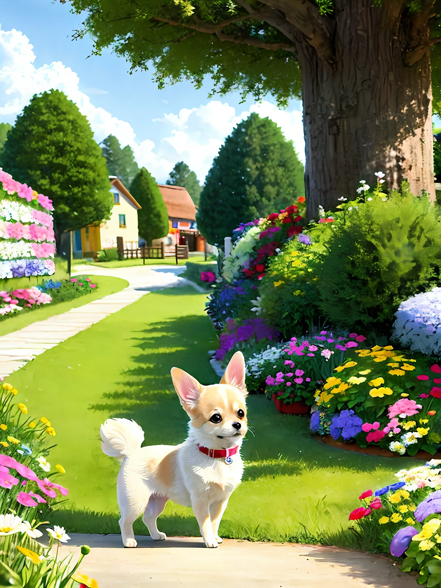 Coloring page, cute and fluffy chihuahua dog in rabbit hole village with trees and flowers