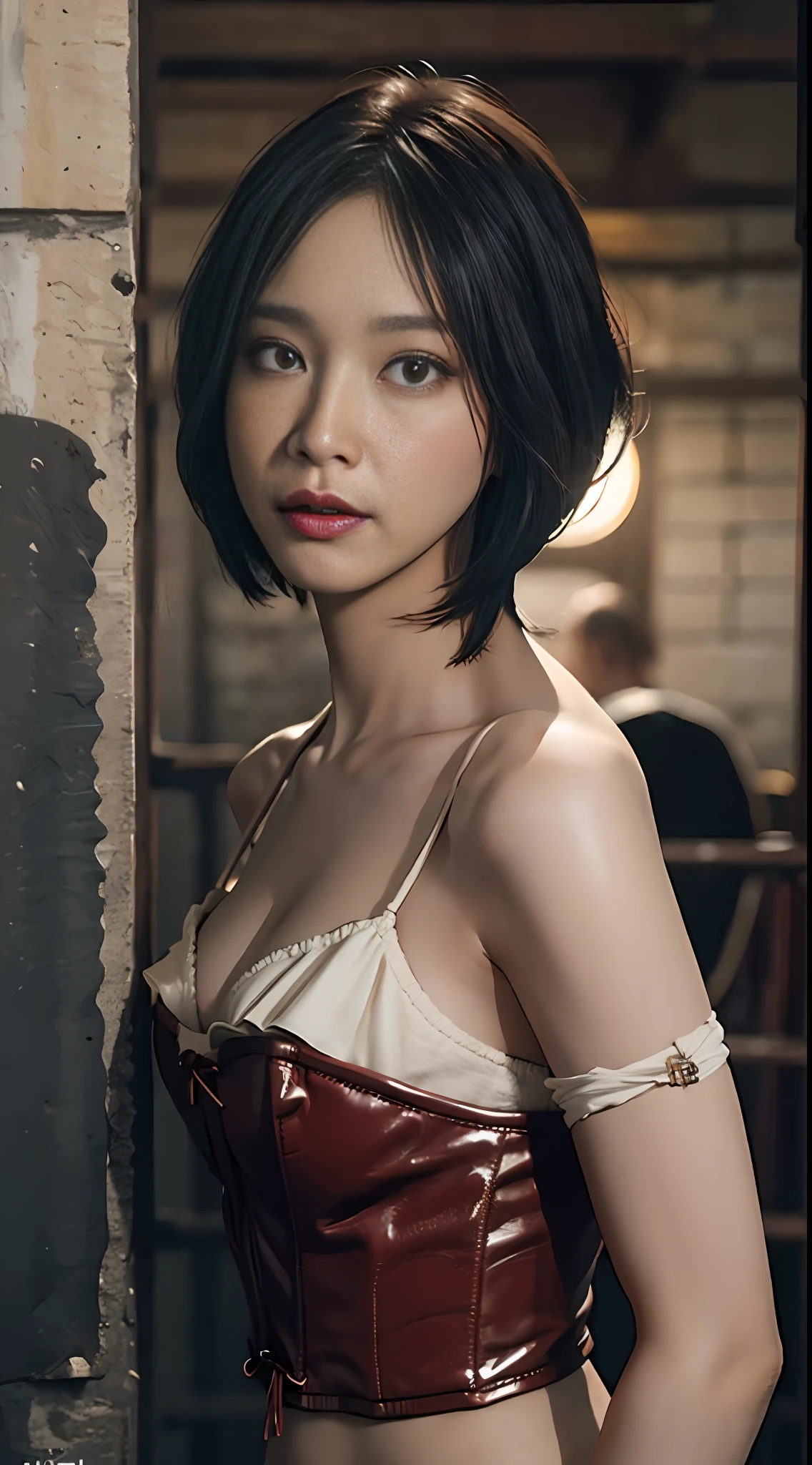 (in prison cell), Chained Woman, ((arm behind back)), Chained Chain, ((Top Quality, 8k, Masterpiece: 1.3)), Sharp Focus: 1.2, Beautiful Woman in Perfect Shape: 1.4, Slender Abs: 1.2, ((Layer Cut, A Cup: 1.2)), (Sun, Street: 1.2), Wet Body: 1.5, Highly Detailed Face and Skin Texture, Detailed Eyes, Bob Cut Hair, BDSM, slave, Rubber, Red Corset, Bondage