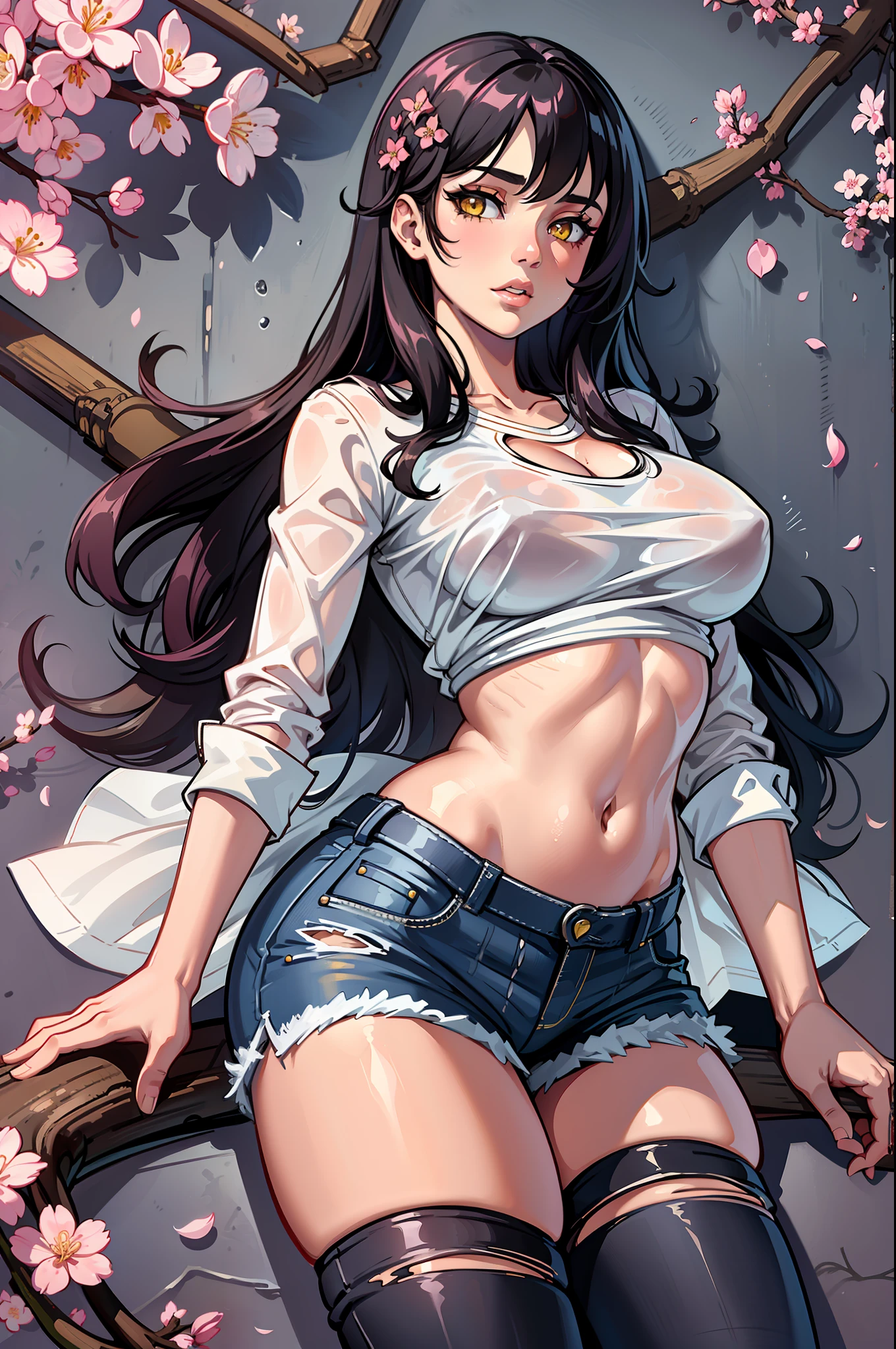 masterpiece, 1girl, long hair, black hair, upper body, yellow eyes, hearts in eyes, white shirt, wet shirt, medium chest, navel, short jeans, thick thighs, erotica, cherry blossom background