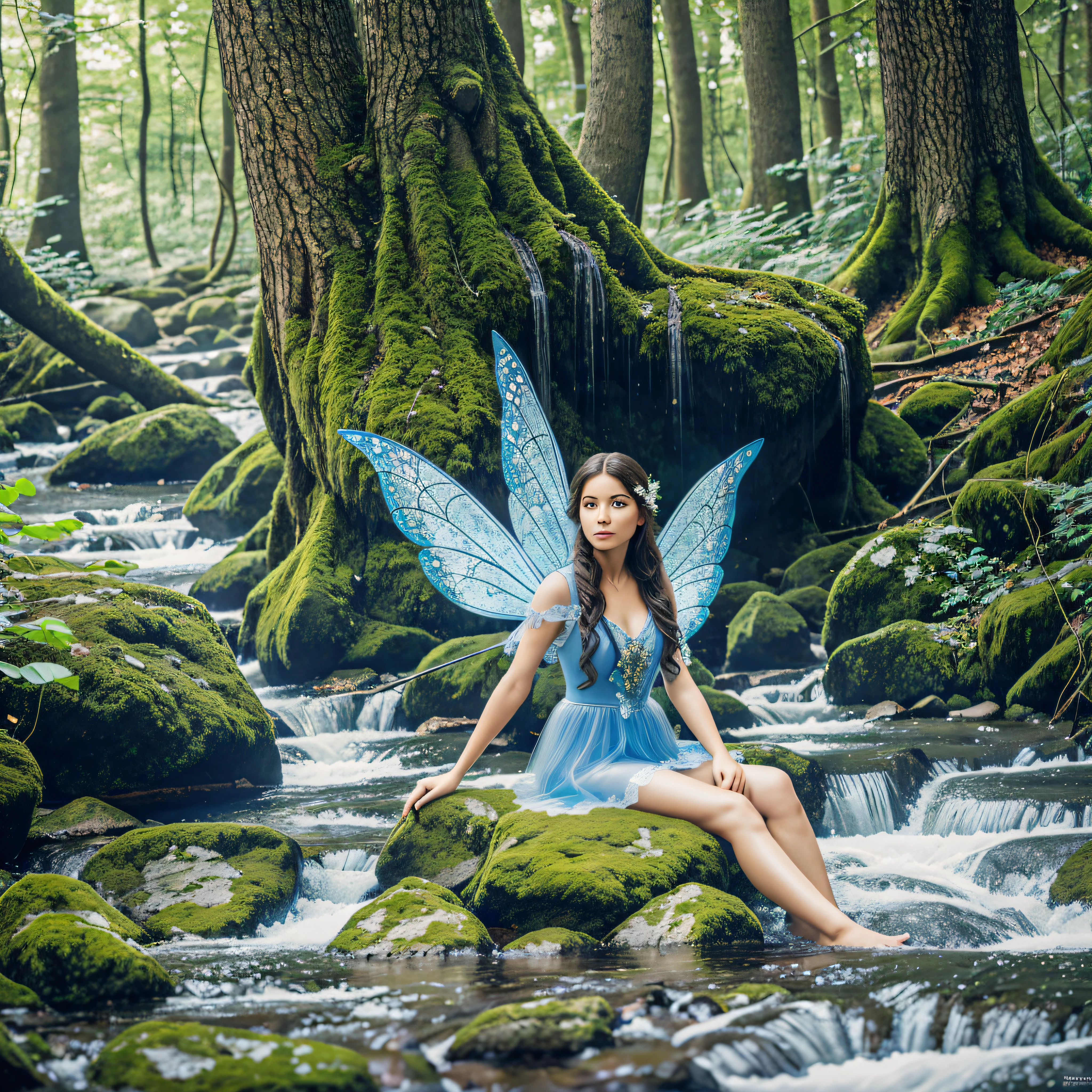 a blue forest with a fairy sitting on a rock, chiaroscuro, hyperrealism, luminism, hd, very detailed, 4k, 8k, shot on a Nikon Z7 II and Nikon NIKKOR Z 105mm f/2.8 VR S, best quality, (detailed face, detailed eyes, detailed pupils, detailed clothes and features, clear background) --auto --s2