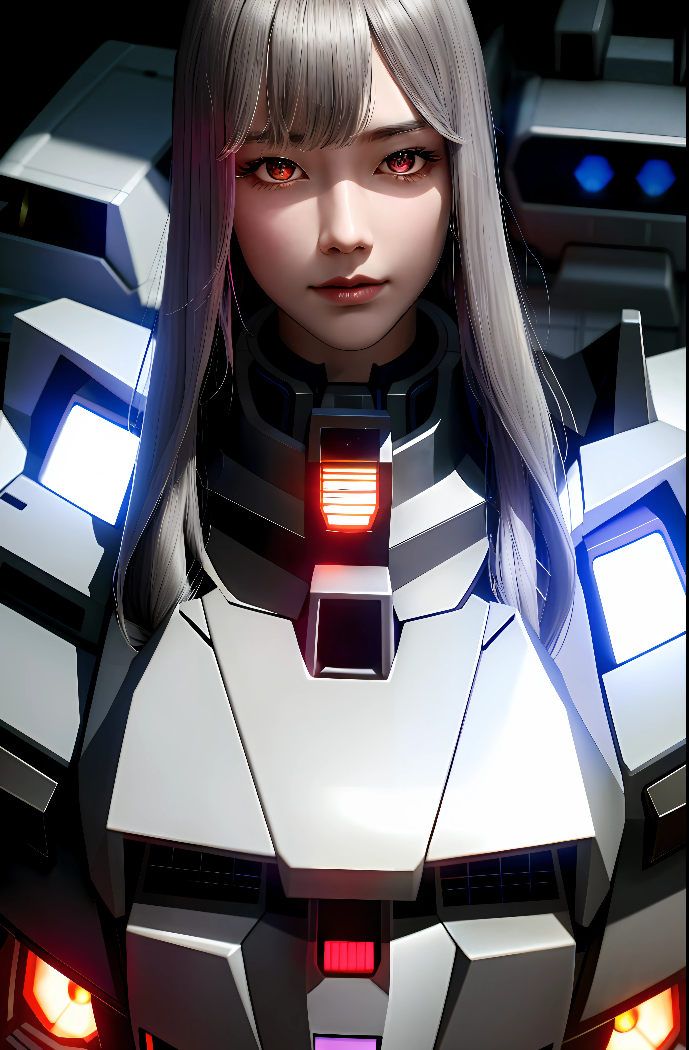 Masterpiece, (Photorealistic: 1.4), Top Quality, Beautiful Lighting, (ulzzang-6500:0.5), (Gray Hair) + (Long Hair) + (Bangs), Purple Eyes, Glowing Eyes, (Gundam Robot Suit), (), Cleavage Exposed Big, GUNDAM RX78, Dense Machine Parts, Tube Lines, Fine LED Lamps, Detailed Neon, RAW Photos, 8k UHD, Film Grain