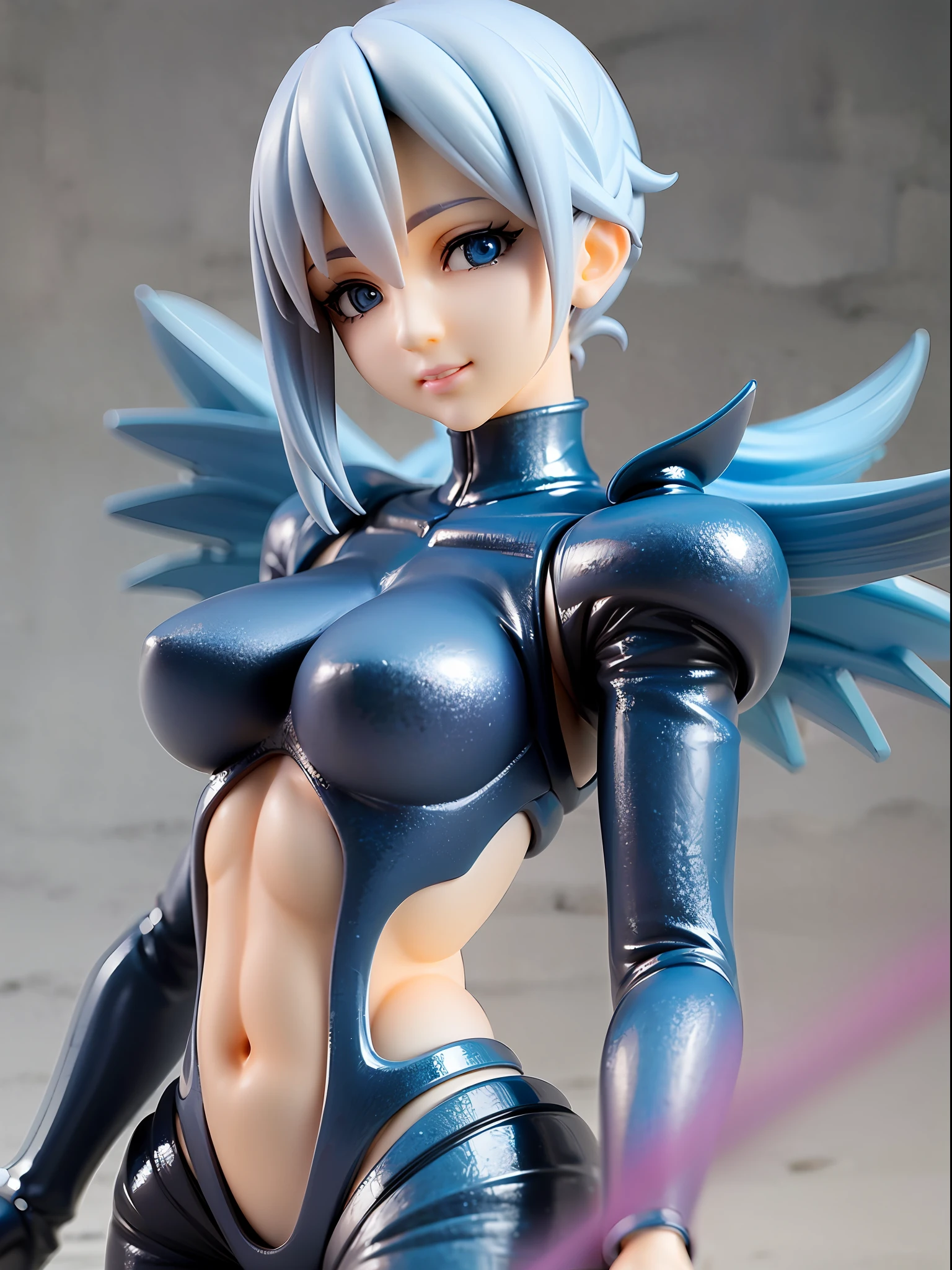 1girl, blue theme, angelic, part machine, blue eyes, silver hair, short hair, body suit with exposed mechanical parts, wings, glowing mechanical components, in flight, heavenly background, full body, looking towards viewer, [realistic], [3d],(8k, RAW photo, best quality, masterpiece:1.2), ultra high res, photo realistic, professional lighting, detailed lighting, professional photography, high quality, high res, extremely detailed, bloom, depth of field, sketch, sharp focus, soft lighting, detailed, detailed skin, to8contrast style