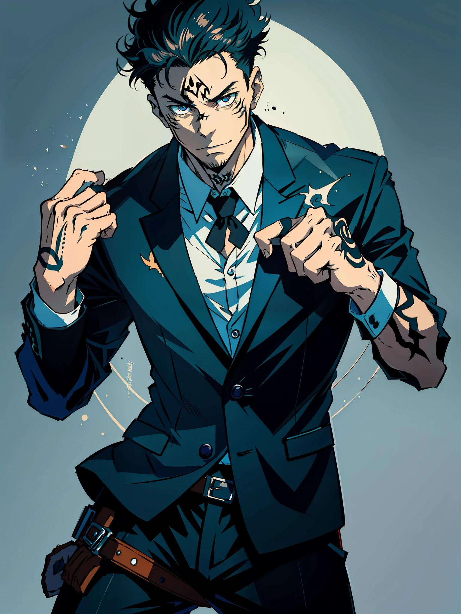 (masterpiece, best quality:1.2), cowboy shot, solo, male focus, 1boy, sukuna, boxing gloves, tattoo_on_his_face, black royal suit, manly, upper body, blazer,