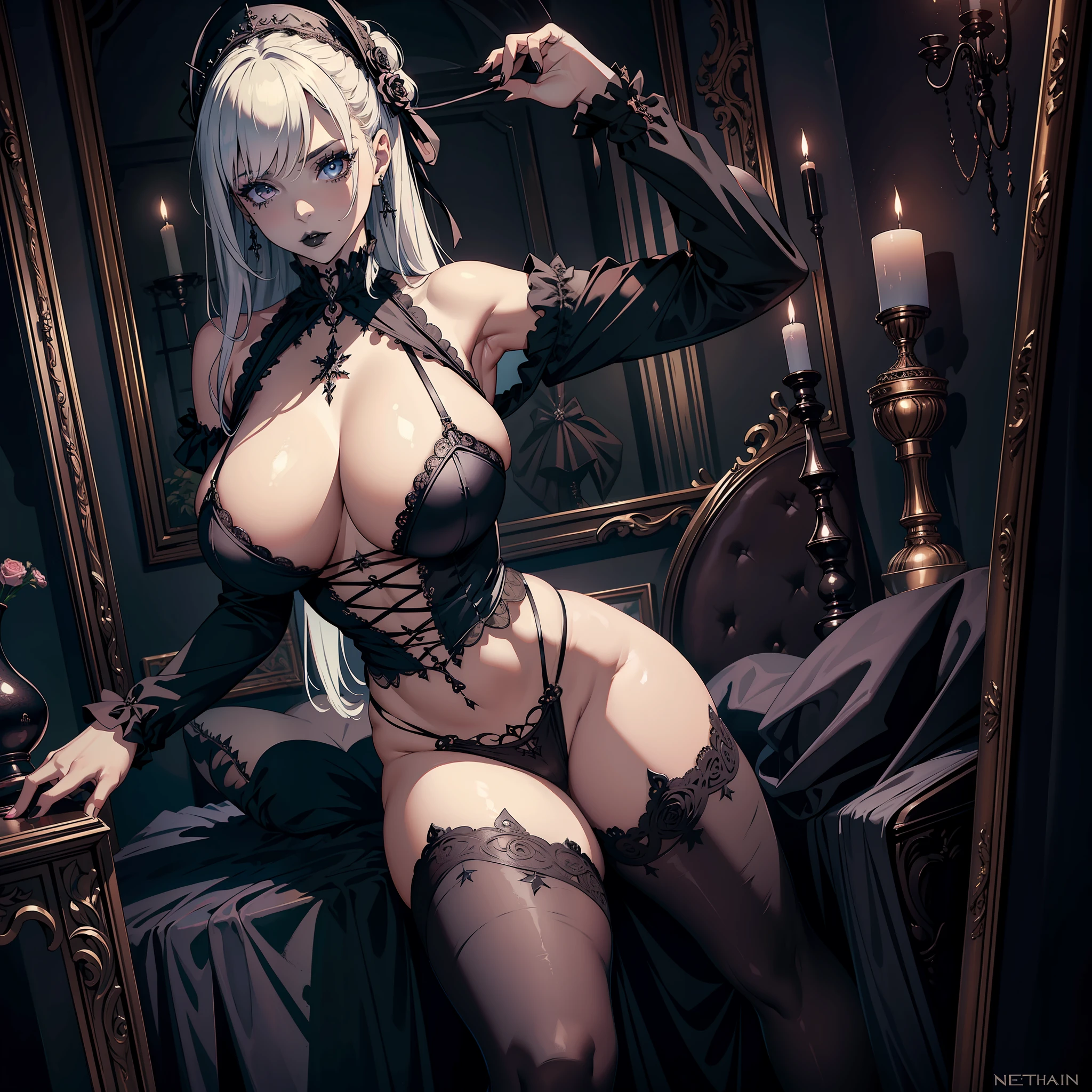 (masterpiece), (high resolution), (ultra detailed creation),((1 gothic girl)), gothic makeup, huge breasts, with neckline, in the room, ((sexy pose))