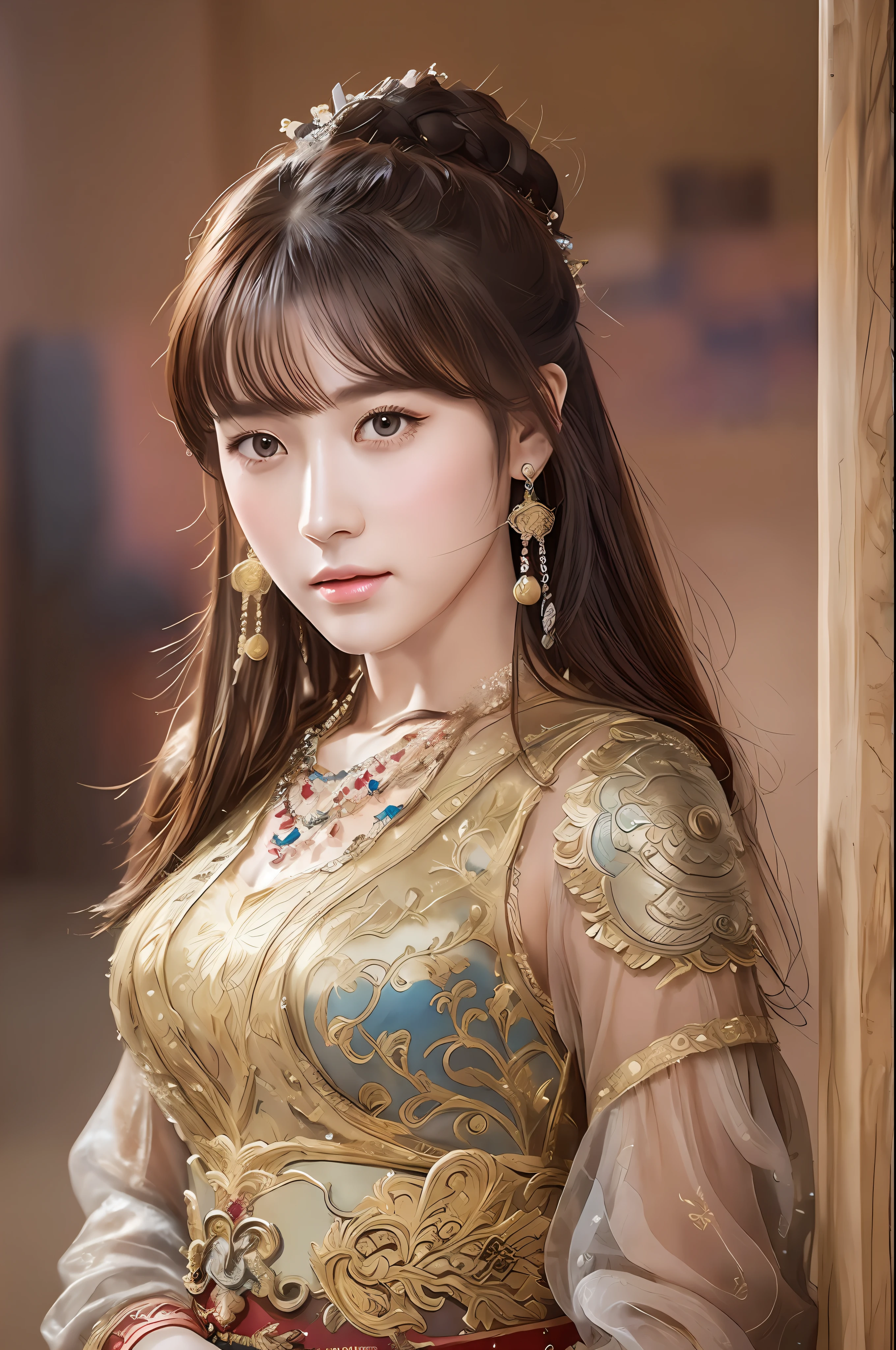 masterpiece, best quality, romance of the three kingdoms, realistic, game cg, watercolor \(high\), 1girl, solo, simple background, Oriental, beautiful-detailed brown eyes, portrait, ultra detailed, disheveled hair, detailed clothes, with bangs, armored dress, confident