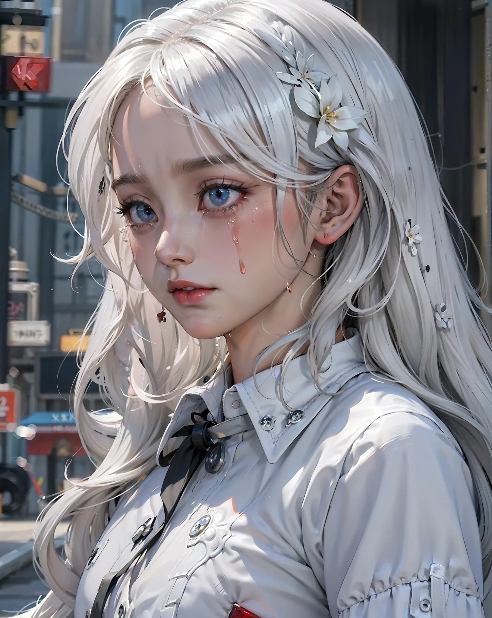 arafed woman with long blonde hair and a flowered shirt, ross tran style, in the style of ross tran, inspired by Ross Tran, loish and ross tran, ross tran!!!, ross tran 8 k, girl with white hair, her hair is white, white curly hair, ross tran and studio ghibli, by Ross Tran, perfect white haired girl , standing in the middle of the street, night,  (masterpiece, finely detailed beautiful eyes: 1.2), (beautiful detailed face),  (blood on face:1.2), (crying blood tears:1.5),, (realistic:1.1), cinematic light,