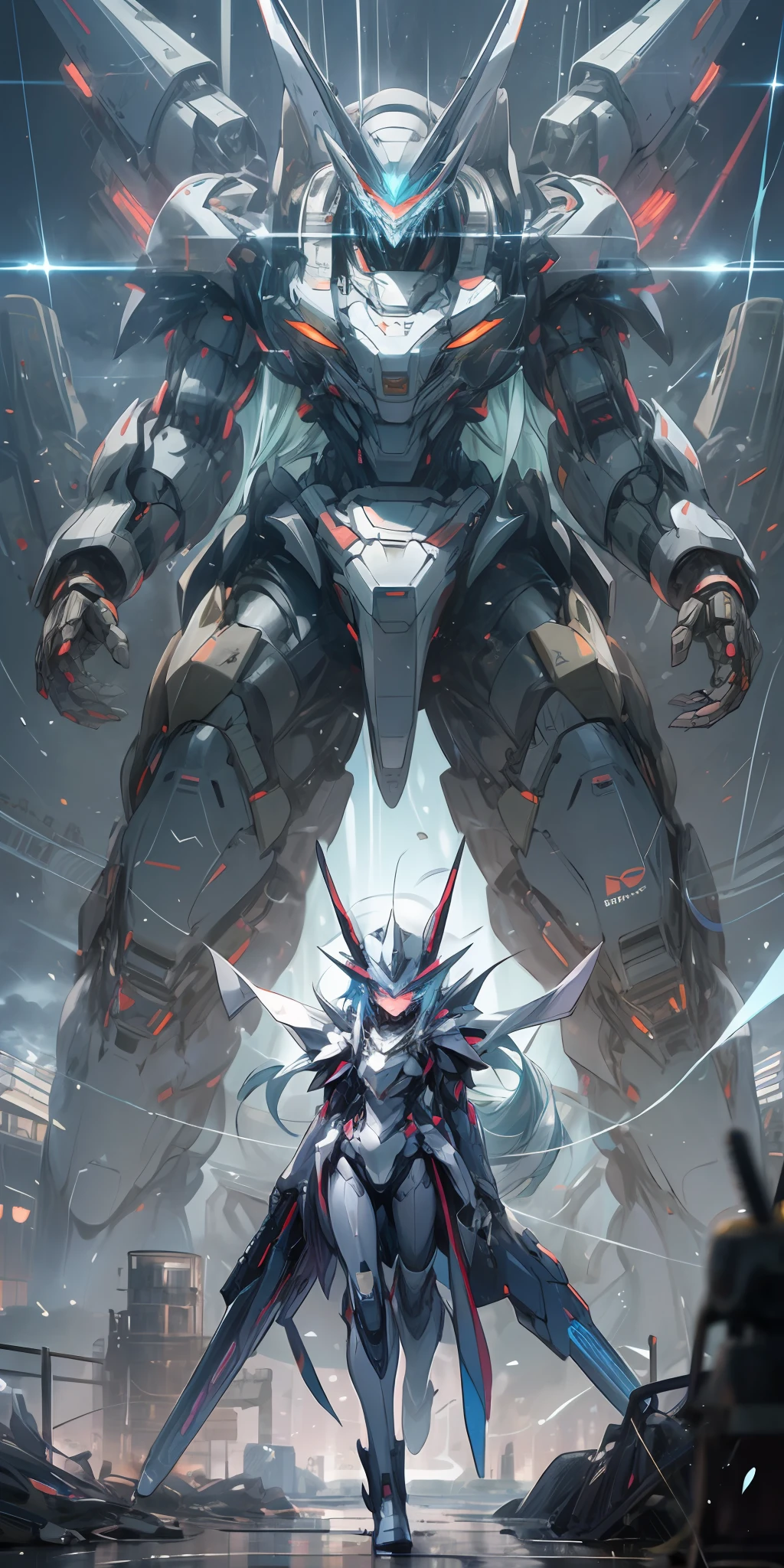 Vector, cartoon, anime, flat illustration, cool mecha core style, mecha concept art, dark gray Decepticon, giant mecha robot, intricate glowing mecha armor, futuristic transformation giant robot. Behind the girl was a giant mecha machine, the size of the machine was very large, and it seemed to be more than ten meters tall. The surface of the machine has a lot of mechanical devices and armor, which looks very strong. The girl stood in front of the machine, blue eyes, long white hair, thin figure, semi-mechanical body, laser spandex oil shiny shiny shiny glowing lines. Energy light, thunder electric magic, haze rain thunder, raindrops, warm cold light, blue violet light, details, big background.
