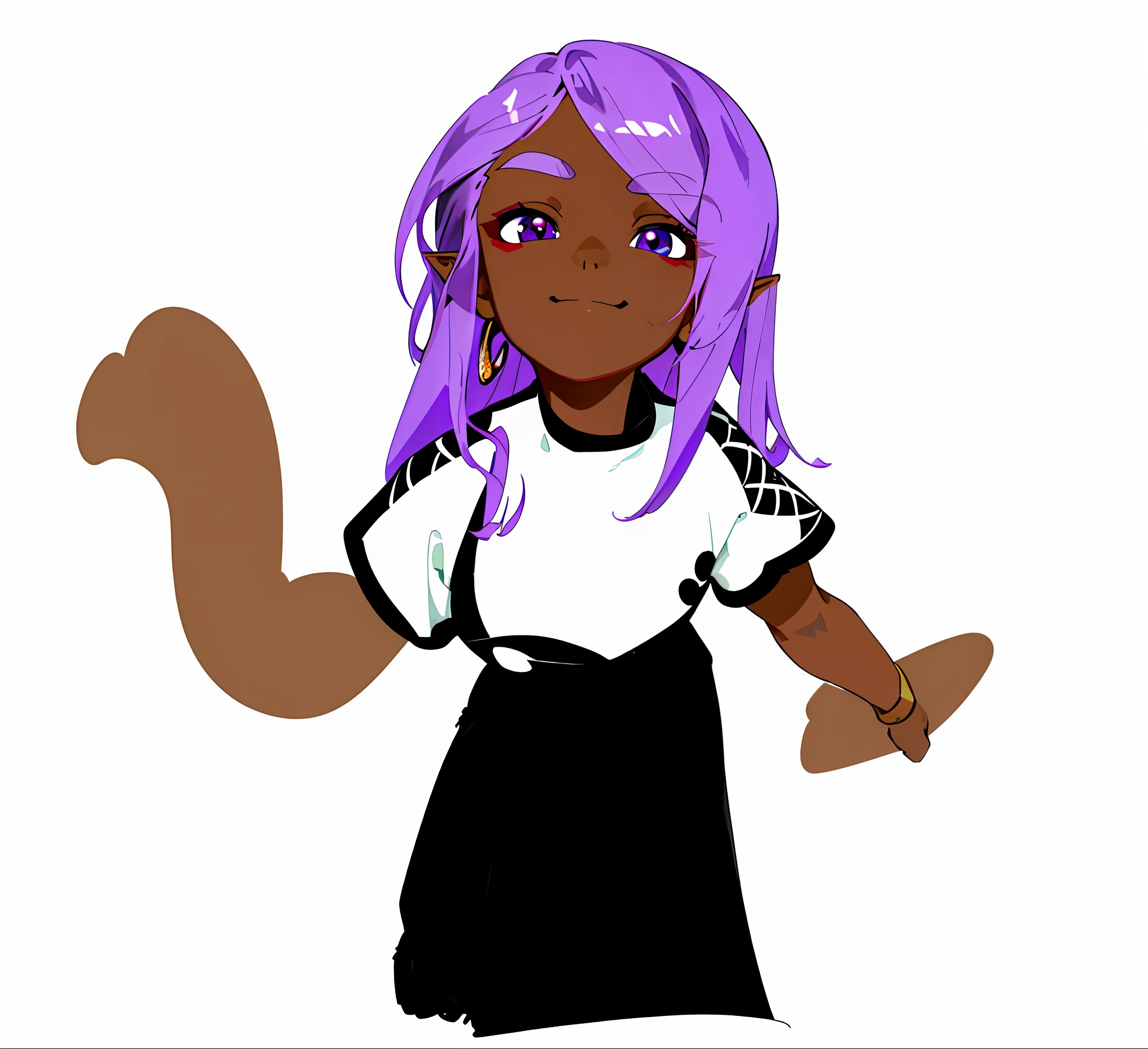 (masterpiece),(ultra-detailed:1.5), ((SFW)), soft lighting, extremely detailed face, expressive eyes, masterpiece quality, stunning eyes, best quality, dynamic outfit, dynamic angle, half body, 1female, small pointy ears, teen, dark purple hair, long hair, symmetrical parted bangs, bright purple eyes, dark skin, red dye lines on the sides of her face, v shaped black dye over her nose, face paint, small chest, dark skinned, brown skin, shy smile, casual clothing, modern clothing, modern setting, white shirt with long sleeves, long black skirt, sitting by the window, resting chin on hand