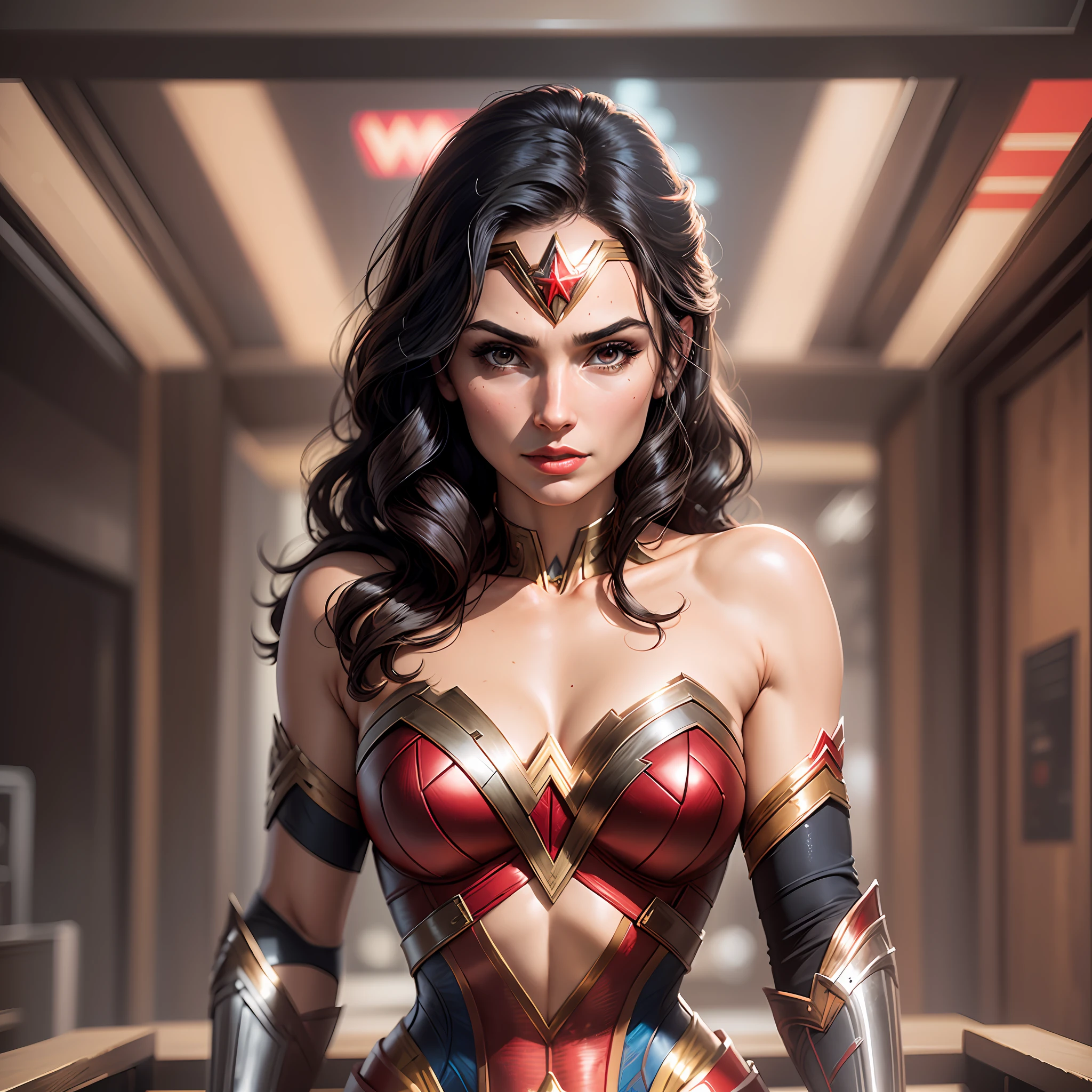 A closeup of a woman in a red and black costume, Wonder Woman, sexy painting by Gal Gadot, hybrid by Gal Gadot, Gal Gadot super sexy, dressed as Wonder Woman, Superhero body, Portrait of Wonder Woman, Gal Gadot as Wonder Woman, high quality ultra resolution costume, hyper detailed costume, comic book character, DC Comics style, perfect anatomy, hands with 4 fingers and 1 thumb, rendered in 8K resolution for high quality detail, 8K image quality, 8K high resolution image, hyper detailed, super realistic, intricate details --auto --s2
