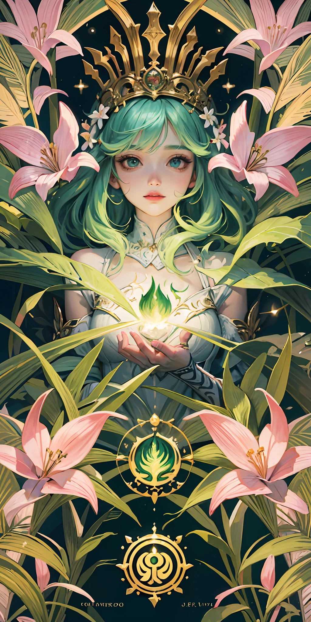 tarot design, white light, green plants, jungle elements, cute maiden, animals, rainforest, sumu, patriarchy, vibrant, wavy texture, exquisite details, gorgeous texture, complex layers, light sense, expensive value, maiden, divinity, symbol, moe, silly cure, tarot cards, game illustration, impact, detail, high quality, 8k, HD, high quality original painting,