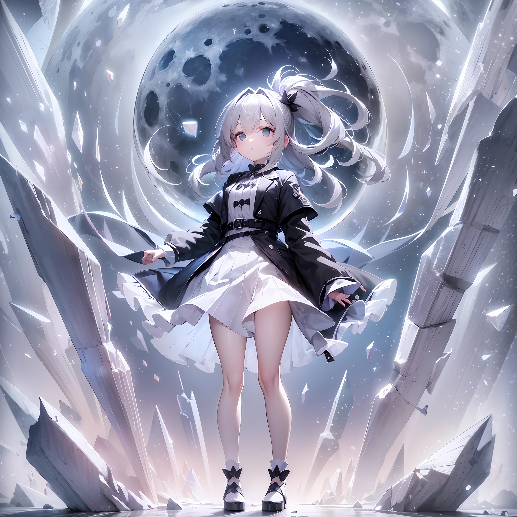 [(white background:1.5)::5], isometric ,wide shot, full body, 1girl, eternal moon night sky, wind blowing, cinematic, ((moon-shaped crystals)), pastel muted colors, ((color palette: soft pink, muted blue, gray and white)),