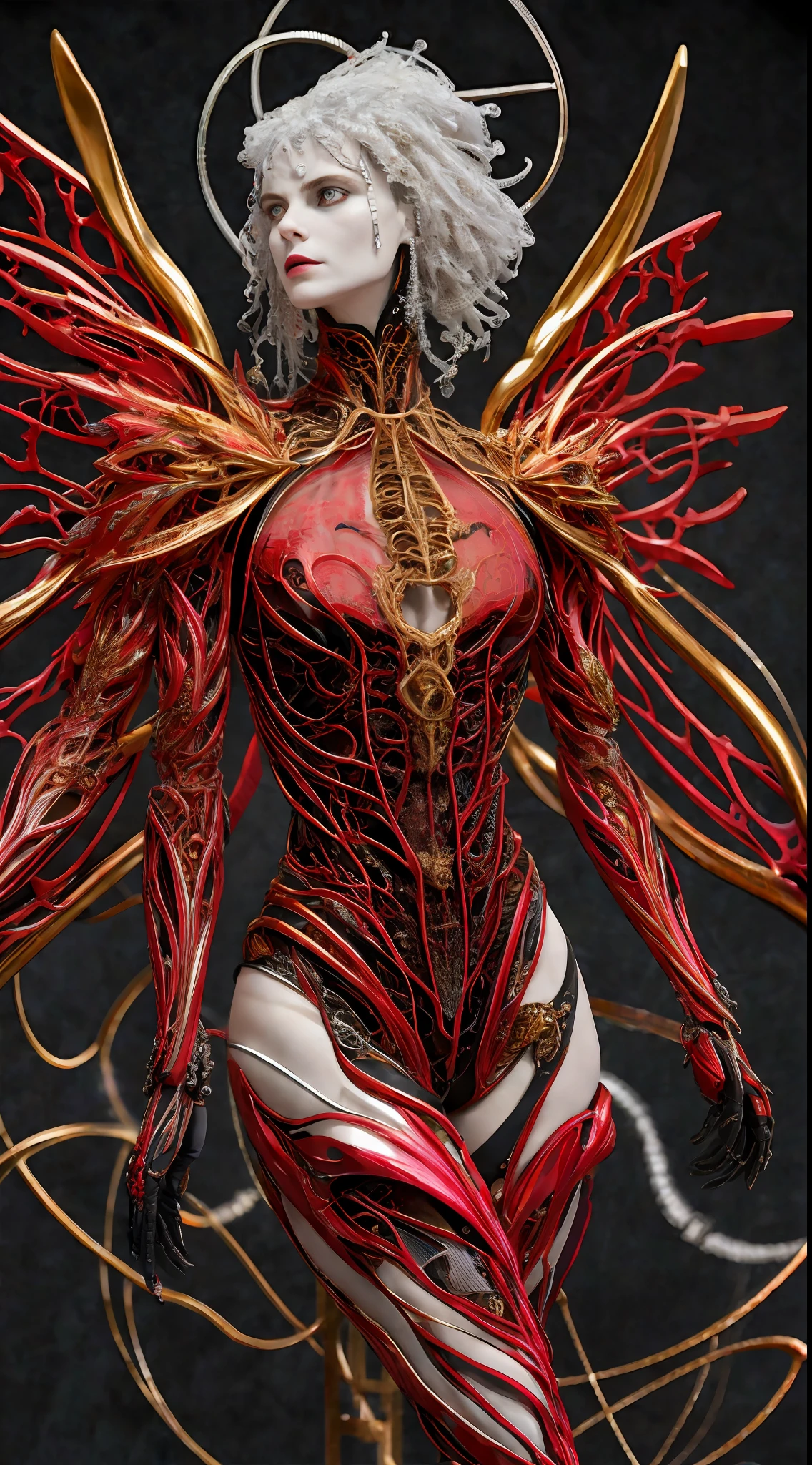 The stunning death angel’s intricate body poses are accentuated by a biomechanical cyborg aesthetic captured with an analog 150mm lens, enhanced by a soft natural rim light and neon (gold, silver, ruby, bronze) veins. (golden veins, silver veins, ruby veins, bronze veins), cleavage, The roots and fine foliage lace adds to the beautiful detail, complementing the colorful intricacies of the Boris Bidjan Saberi outfit, pearl earrings, and art nouveau fashion embroidery. Mesh wires and mandelbrot fractals intertwine with facial muscles, cable wires, and microchips, creating a badass hyper-realistic visual. The ultra-detailed render is brought to life with volumetric lighting and an 8k post-production, showcasing the red and white hues with a touch of black. Detailed metallic bones and iridescent colors add a Glenn Brown-style to the semi-human appearance, set in a futuristic room, embodying the power of the gods with a high-angle shot. The complex 3D render is ultra-detailed, making it a masterpiece in its own right.