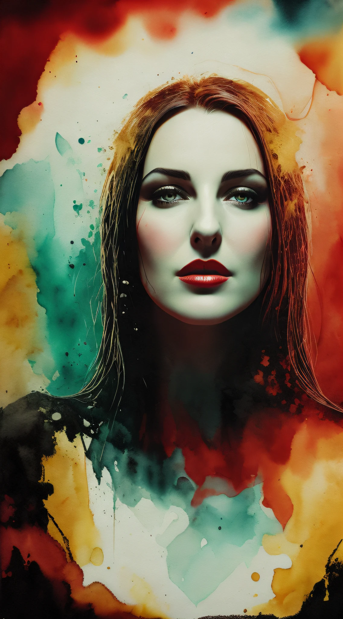 Monica Bellucci face, Beautiful vampire, bared fangs, blood-covered river as background, watercolor style smear, art, dramatic lighting, David Lynch's image style, abstract expressionism, metaphysics, expressionism, golden ratio,details aesthetic octane render excellent composition natural textures 8k oil paining masterpiece canon eos r4s ISO 50