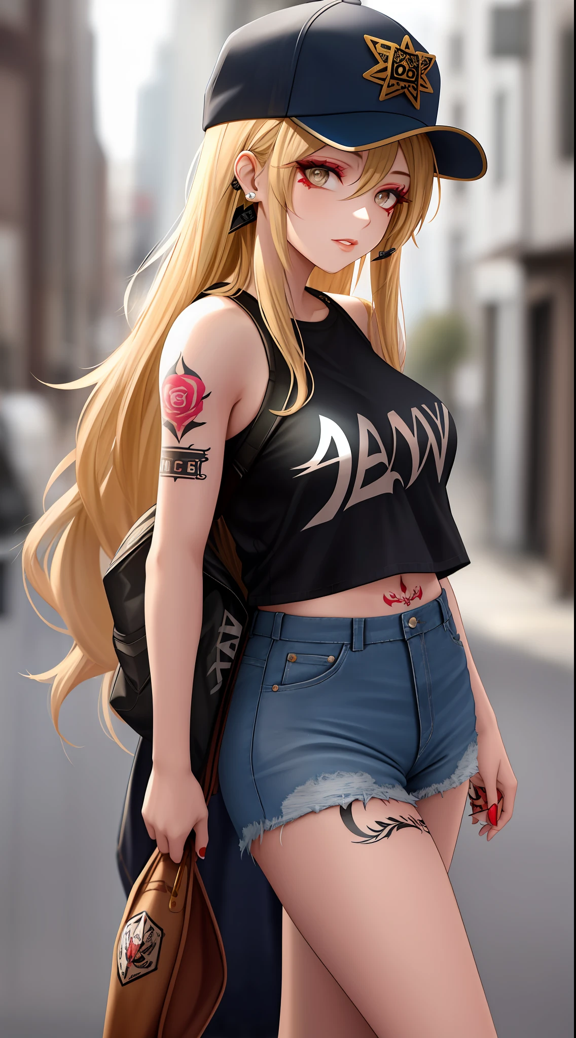 a woman with long hair and a baseball cap on walking down a stree, Aramenta Dianthe Vail, tattoos, a tattoo, lowbrow, 1girl, 3d, badge, baseball_cap, blonde_hair, blurry, blurry_background, blurry_foreground, breasts, clothes_writing, denim, denim_shorts, depth_of_field, hat, lips, long_hair, looking_at_viewer, makeup, medium_breasts, photo_\(medium\), photo_background, shoulder_tattoo, skirt, solo, tattoo