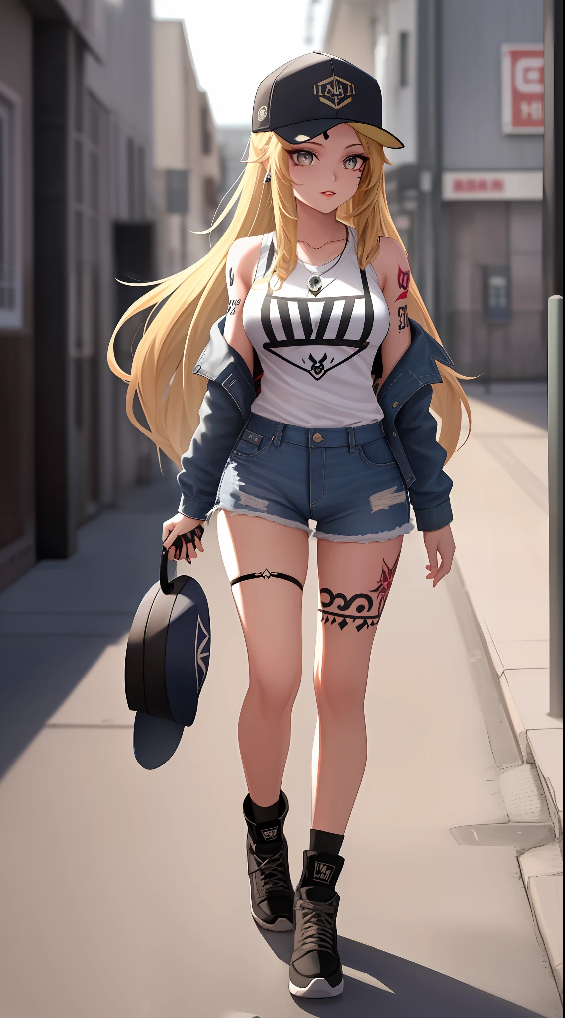 a woman with long hair and a baseball cap on walking down a stree, Aramenta Dianthe Vail, tattoos, a tattoo, lowbrow, 1girl, 3d, badge, baseball_cap, blonde_hair, blurry, blurry_background, blurry_foreground, breasts, clothes_writing, denim, denim_shorts, depth_of_field, hat, lips, long_hair, looking_at_viewer, makeup, medium_breasts, photo_\(medium\), photo_background, shoulder_tattoo, skirt, solo, tattoo