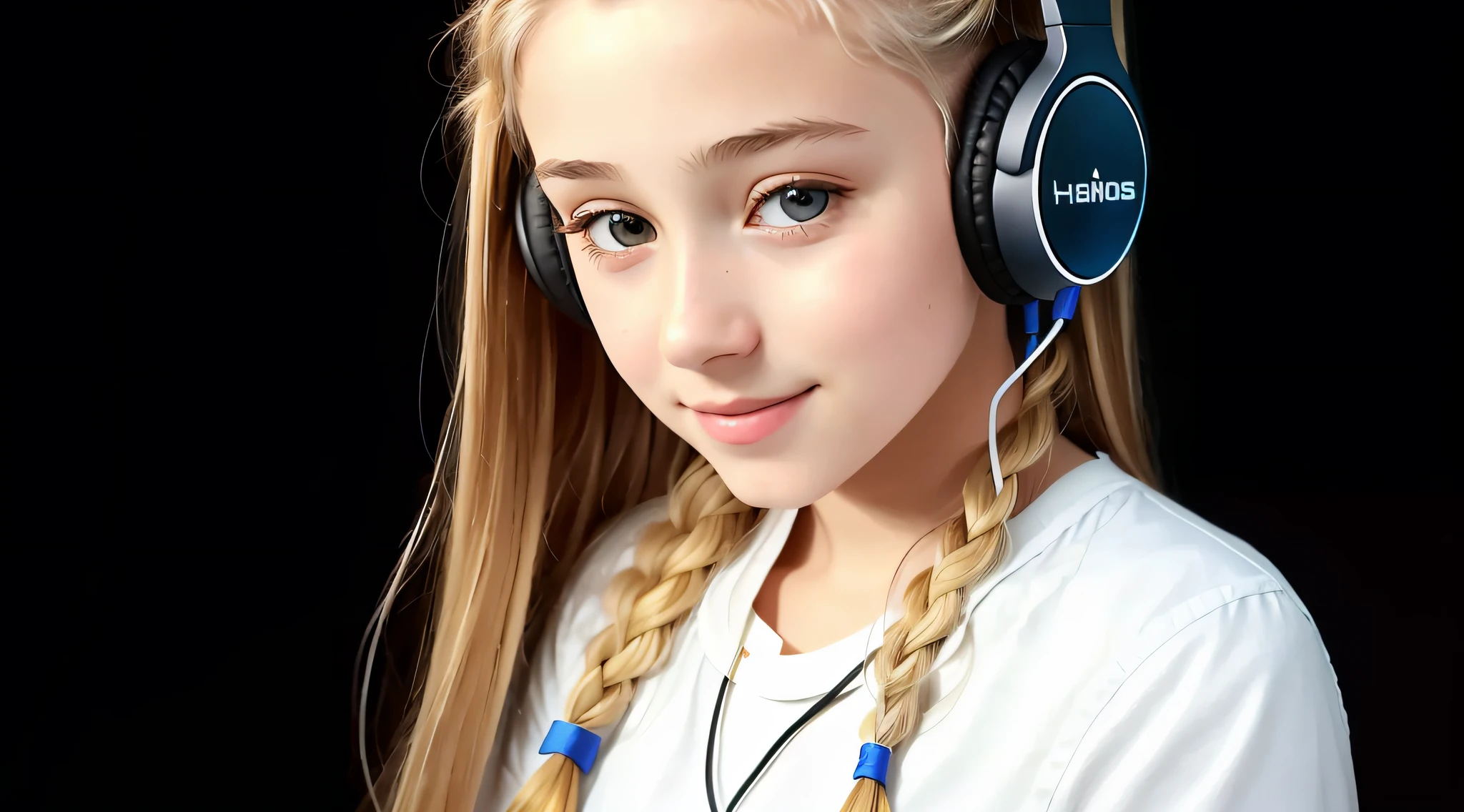 girl 12 years old, blonde long hair of braids,portrait, with headphones on smiling and holding hands up, girl wearing headphones, listening to music, wearing headphones, with headphones, with headphones, using a headset, vibrating with music, listening to pious music, using headphones, using headset for games,  Tinnitus, High Quality Portrait, Headphones On, Digital Art H 9 6 0