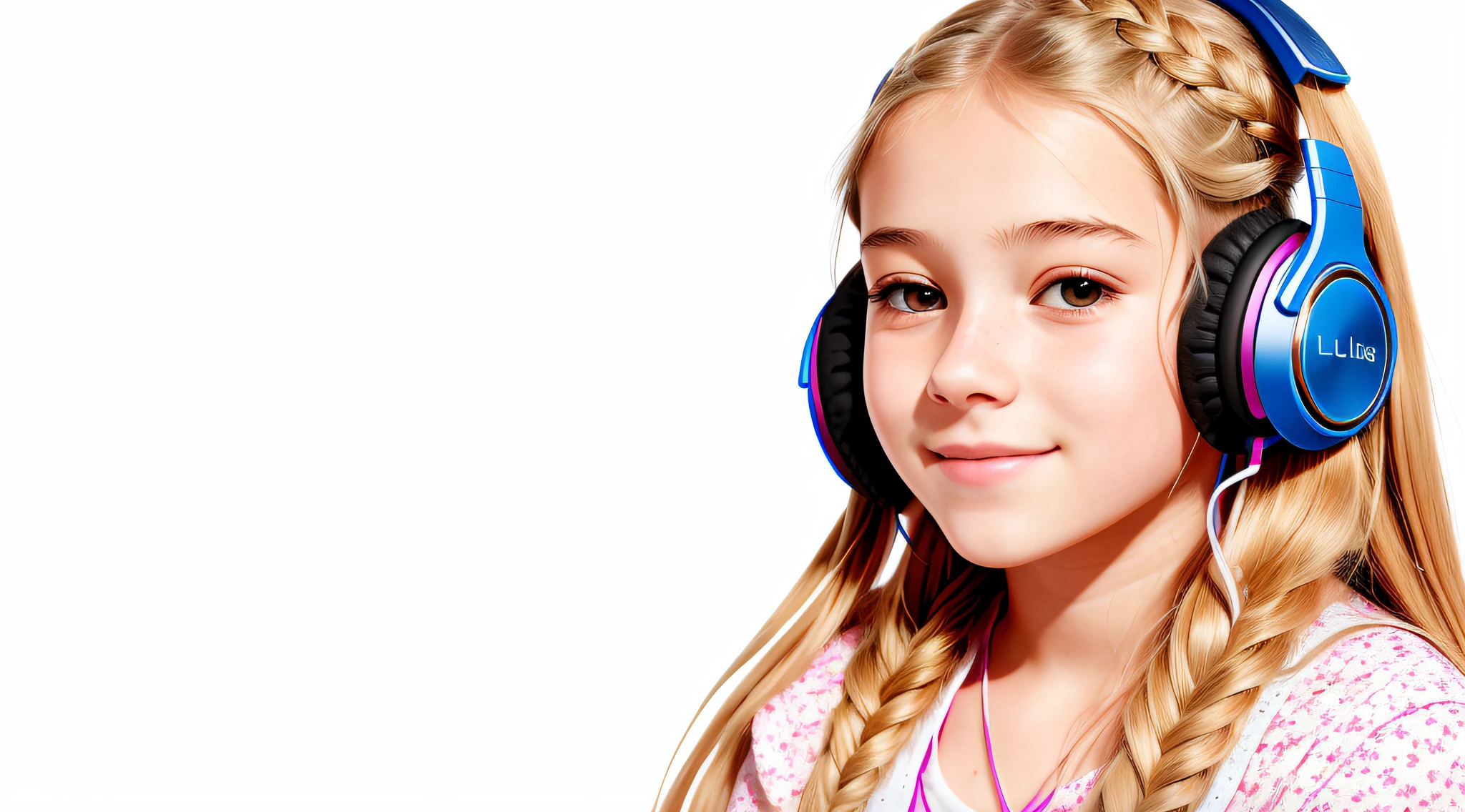 girl , blonde long hair of braids,portrait, with headphones on smiling and holding hands up, girl wearing headphones, listening to music, wearing headphones, with headphones, with headphones, using a headset, vibrating with music, listening to pious music, using headphones, using headset for games, Tinnitus, High Quality Portrait, Headphones On, Digital Art H 9 6 0