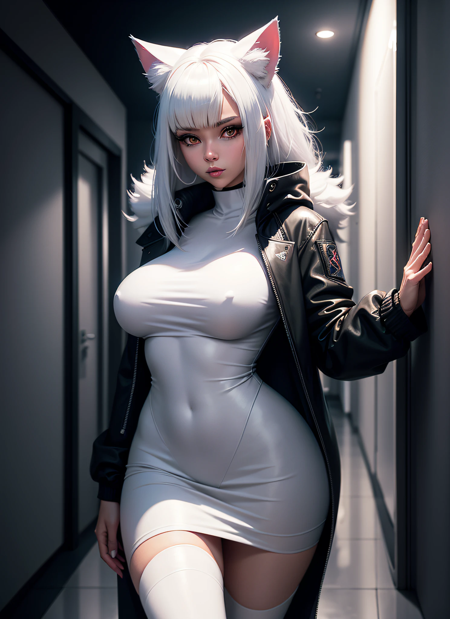 furry white anthropomorphic cat, long black jacket MNI SKIRT, TOP,SMOOTHING BULKY NIPPLES, in a CORRIDOR the night cyberpunk 8k, atmospheric perspective, upside-down, fisheye, super detail, ccurate, best quality --auto --s2