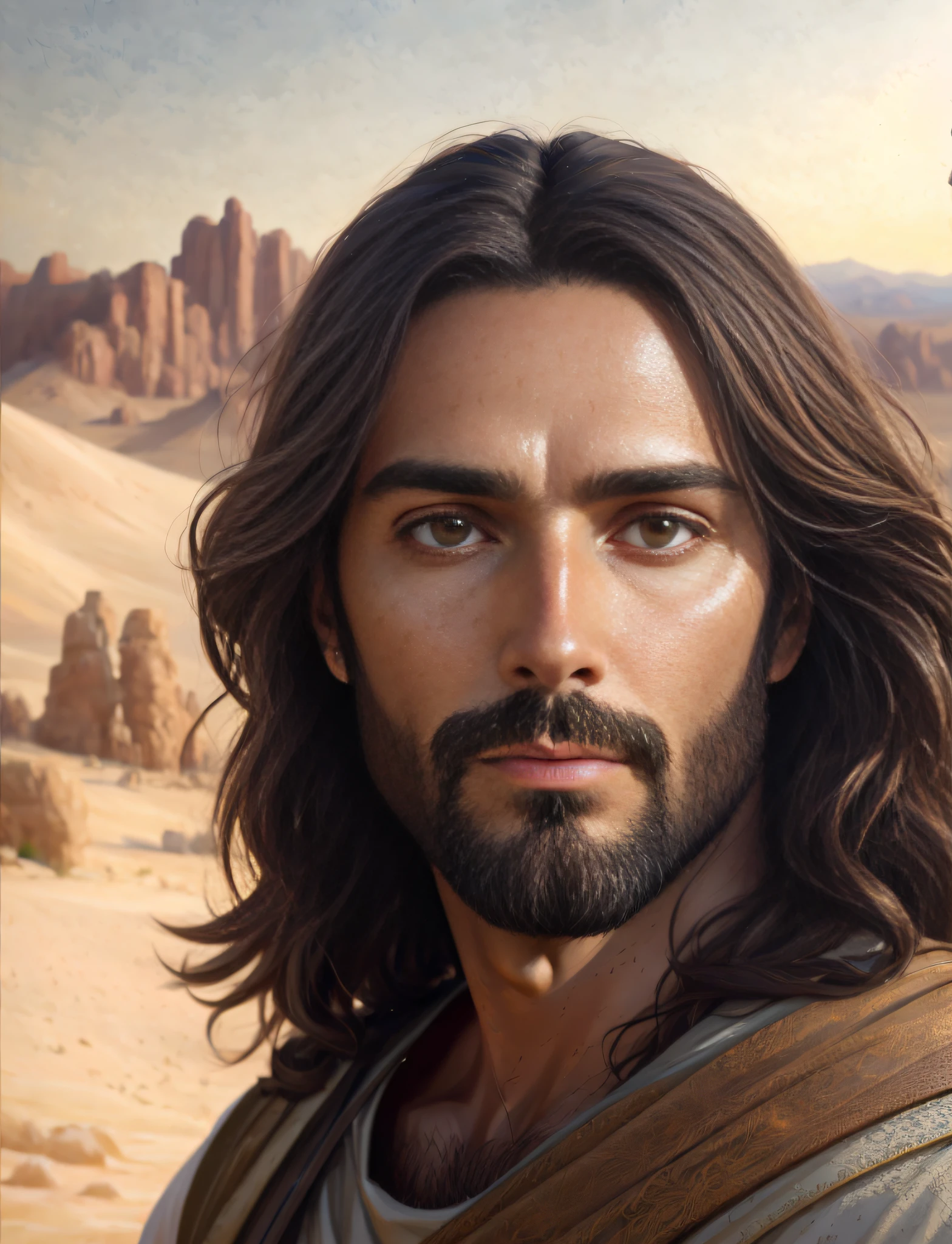 jesus in the desert with a sword and a cross, portrait of jesus christ, detailed digital painting, jesus christ, gorgeous digital painting, handsome stunning realistic, very detailed digital painting, low detailed. digital painting, realistic digital painting, jesus face, detailed painting 4 k, 8k resolution digital painting, 8 k resolution digital painting, painted in high resolution