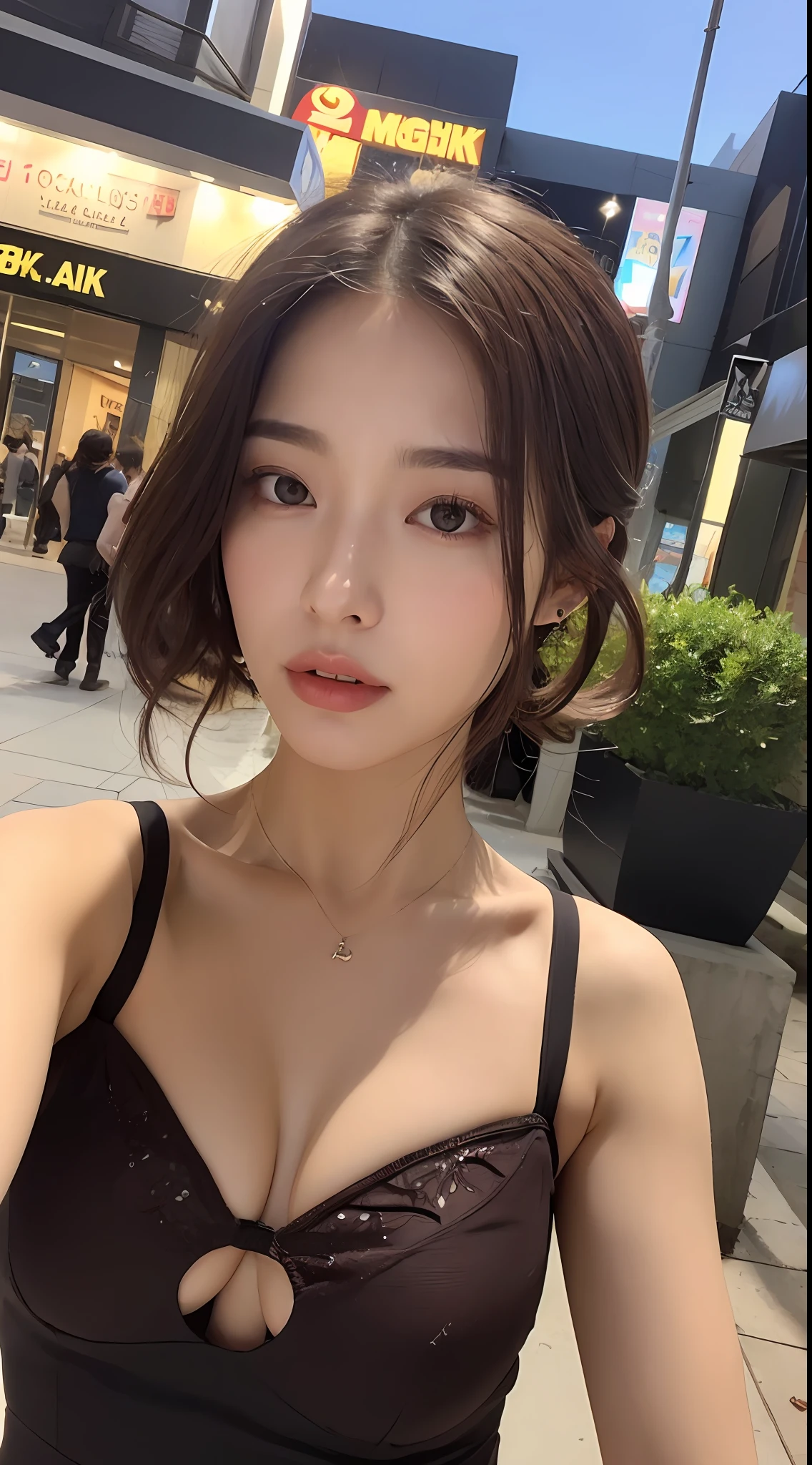 ((Realistic lighting, Best quality, 8K, Masterpiece: 1.3)), Clear focus: 1.2, 1girl, Perfect body beauty: 1.4, Slim abs: 1.1, ((dark brown hair, Big breasts: 1.3)), (Aqua dress: 1.4), (Outdoor, night: 1.1), City streets, Super fine face, fine eyes, double eyelids, exposed cleavage