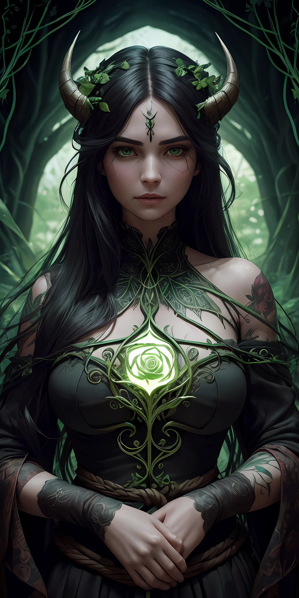 Visual art, magical realism, thorny banshee, rose thorn demon, perfect facial features, long black hair and waist, tattoos on women, surrounded by rattan, tangled, entangled, bound, bound, horned on the head, giant breasts, lots of roses, old tree stumps, (very dark: 1.3), flowing ink painting style, ultra-clear face up close, magnified epic scene, delicate face, clear eyebrows, phoenix eyes, flying hair, fair skin, dark green emerald, green leaves on the body are entangled in obscuration, POV view, Flowing sleeve gloves, fluorescent green, dynamic background