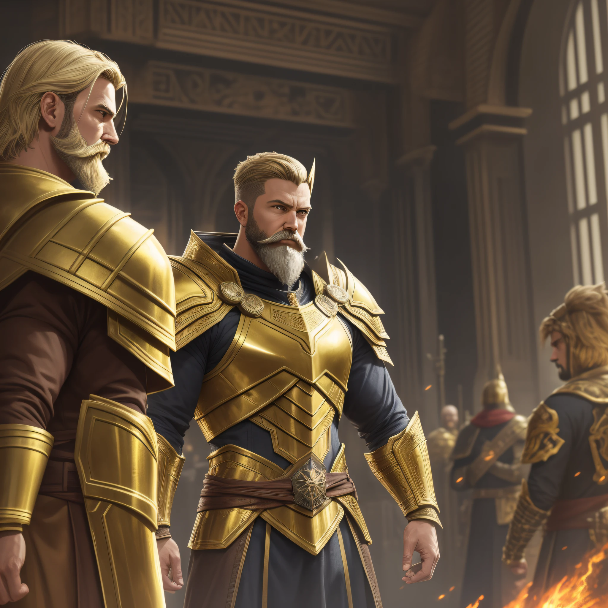 Dark Fantasy Tech Demo, comics marvel style, man, anti-hero, menacing look, ((golden semi technological warrior armor)), ((long brown tunic over armor)), (blonde short hair), (dark blonde beard and mustache), (short beard), cloak like clothing, new wizard, mystery, cinematic rendering, high dynamic range, RAW photo, (unreal engine), aesthetic, intricate, caustic, old library background,  Ancient woody structure
