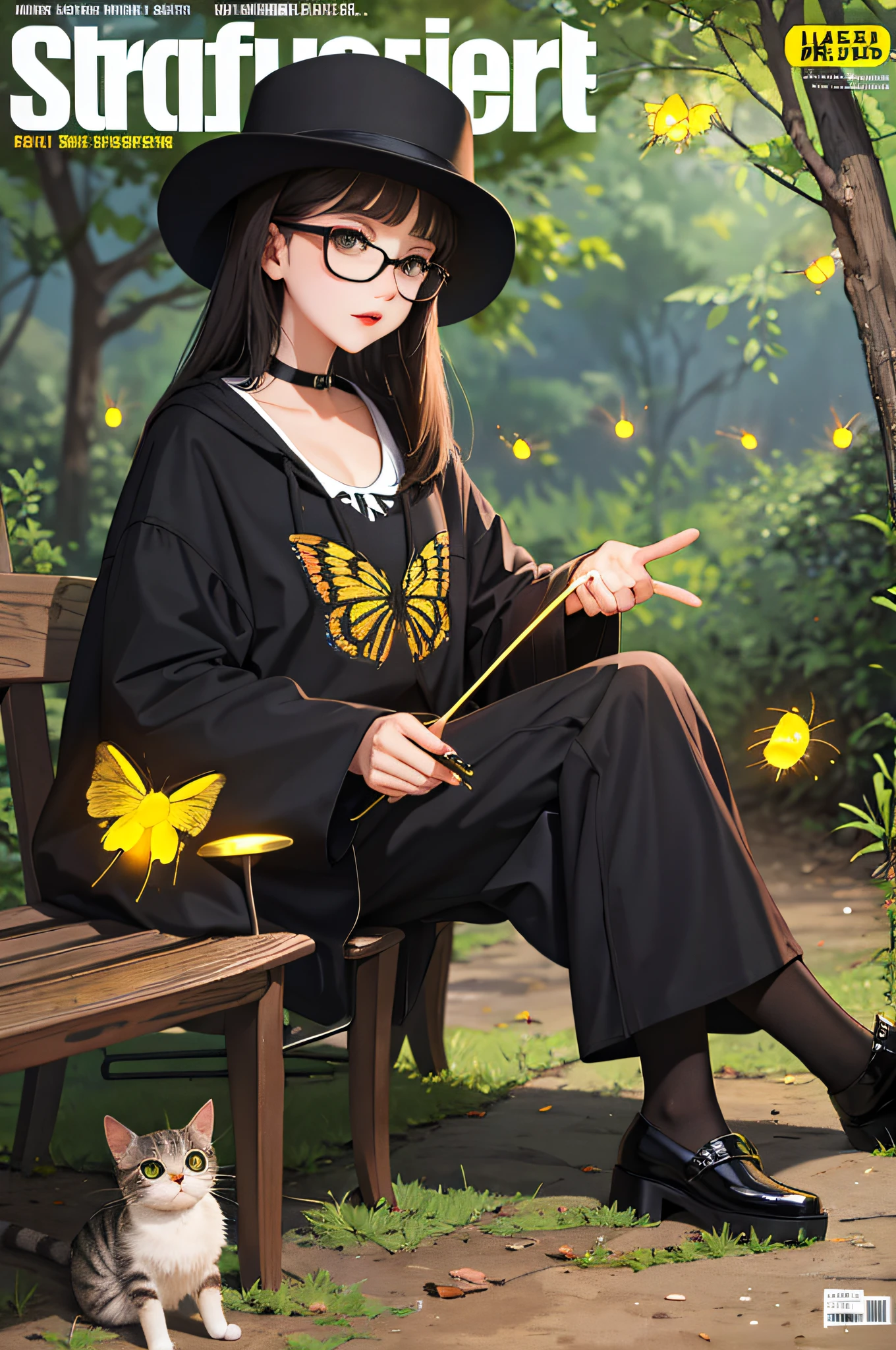 Masterpiece, best quality, little fashionable cat in black glasses and hat, colorful fireflies, outdoor, magazine cover, full-length,