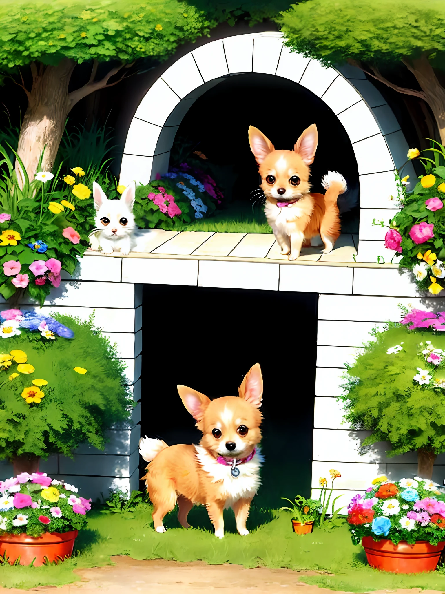 Coloring page, cute and fluffy chihuahua dog in rabbit hole village with trees and flowers
