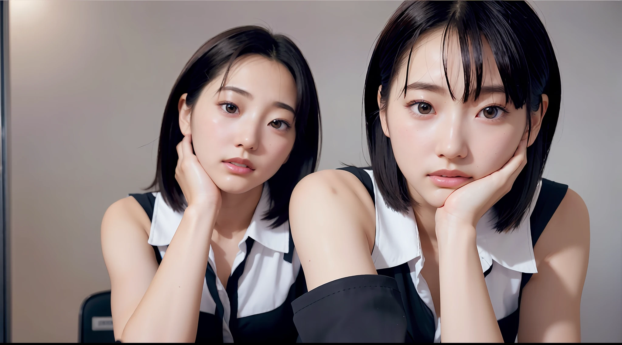 1girl, 1 girl, perfect anatomy, face forward, body forward, upper body shot, embarrassed face, (realistic), ultra-detailed, 1girl, Downcast eyes, stand facing the front to viewer, wearing business suits of office uniform, in meeting room of the office, professional lighting, crystal clear white skin, black and short hair, big and beautiful eyes, (photorealistic:1.37), (8k), (best quality), (masterpiece:1.2)