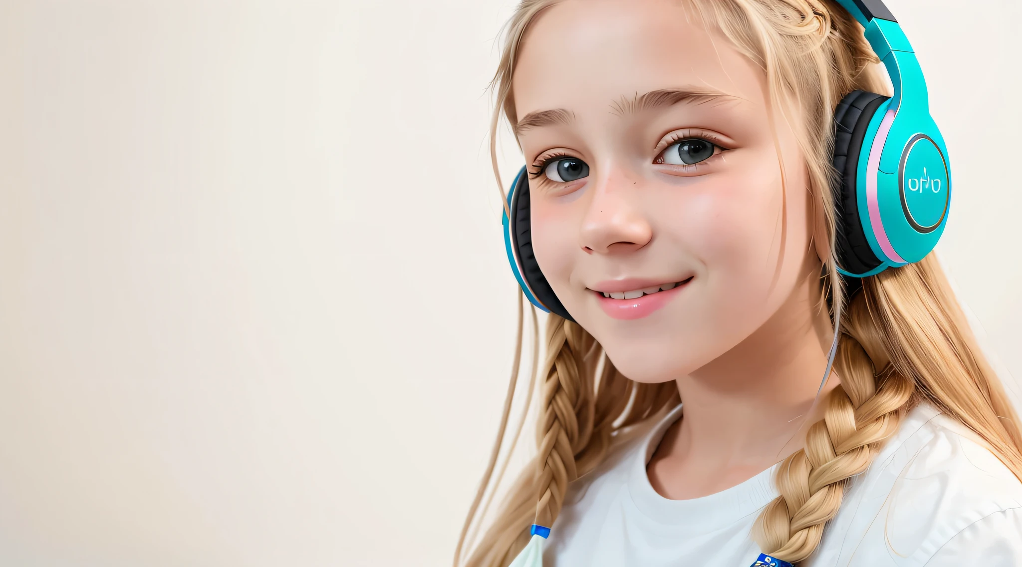 girl , blonde long hair of braids,portrait, with headphones on smiling and holding hands up, girl wearing headphones, listening to music, wearing headphones, with headphones, with headphones, using a headset, vibrating with music, listening to pious music, using headphones, using headset for games, Tinnitus, High Quality Portrait, Headphones On, Digital Art H 9 6 0